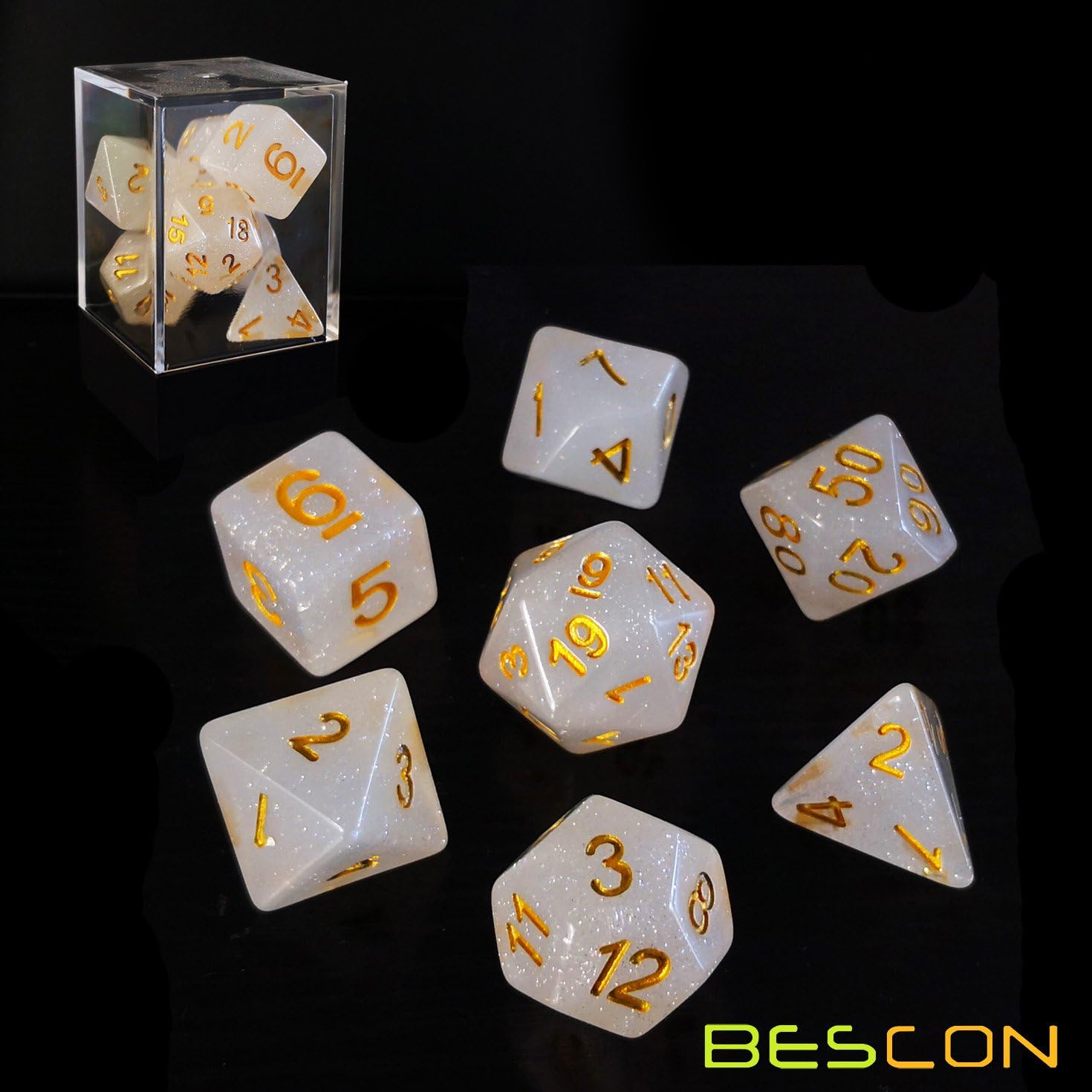 Bescon Intensive Glitter DND Dice 7pcs Set Veil Mist, New Glitter Polyhedral Die Set d4 d6 d8 d10 d12 d20 d%, Brick Box Package