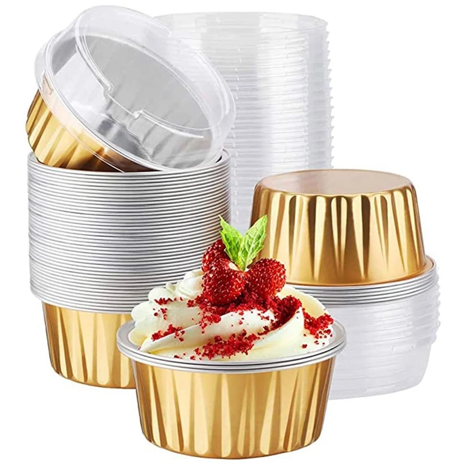 Moule Papier Muffin Coupes à dessert avec couvercles, lot de 50, supports caissettes en aluminium doré, gobelets transparents for pudding et cupcakes