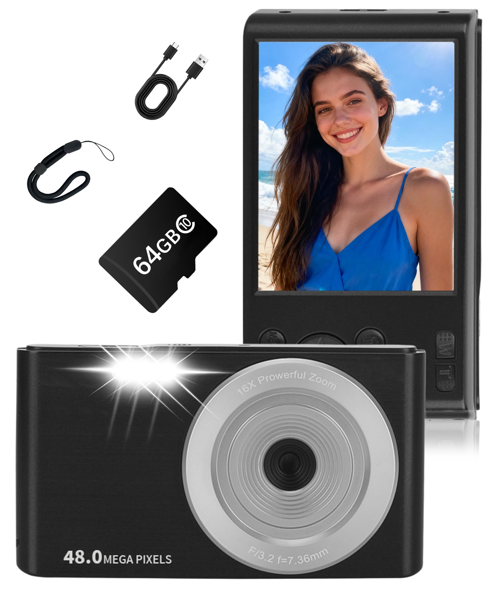 Cámara digital 4K 48MP Vlogging Camera para Niños Adolescentes Cámara FHD Compacta Cámara fotográfica con pantalla de 2,8" 16X Zoom, Regalos para Principiantes Estudiantes Niños Niñas
