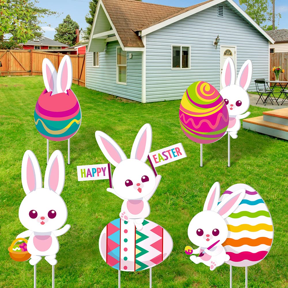 Easter Decorations Outdoor Easter Yard Large Signs with Stakes， Bunny Egg Waterproof Signs Yard Stakes for Lawn Yard Decorations，Party Supplies, Easter Props