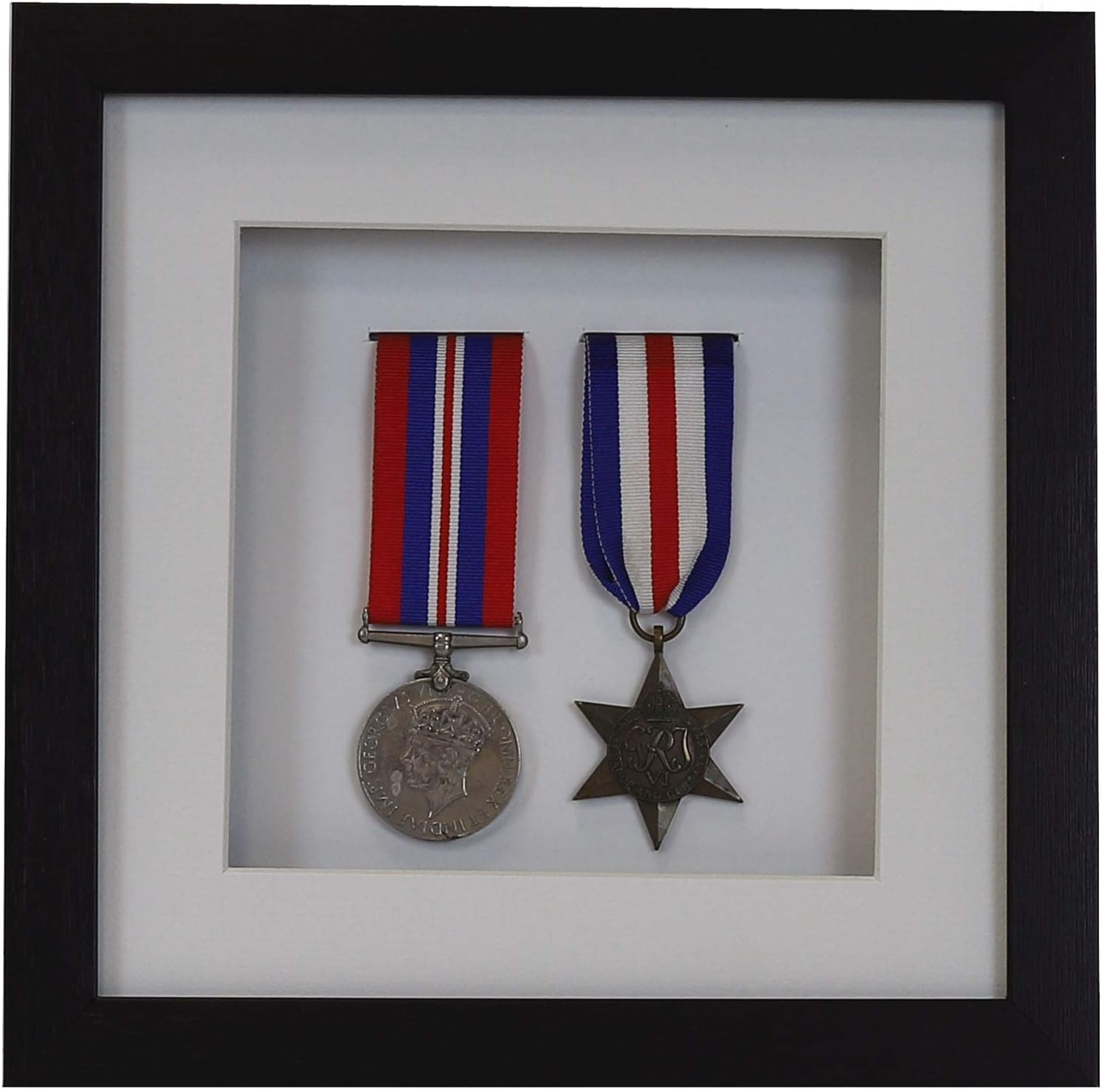 3d Deep Box Frame To Display War/Military/Sports Medals Black White Grey Oak-2 Medals-Black Frame With White Mount