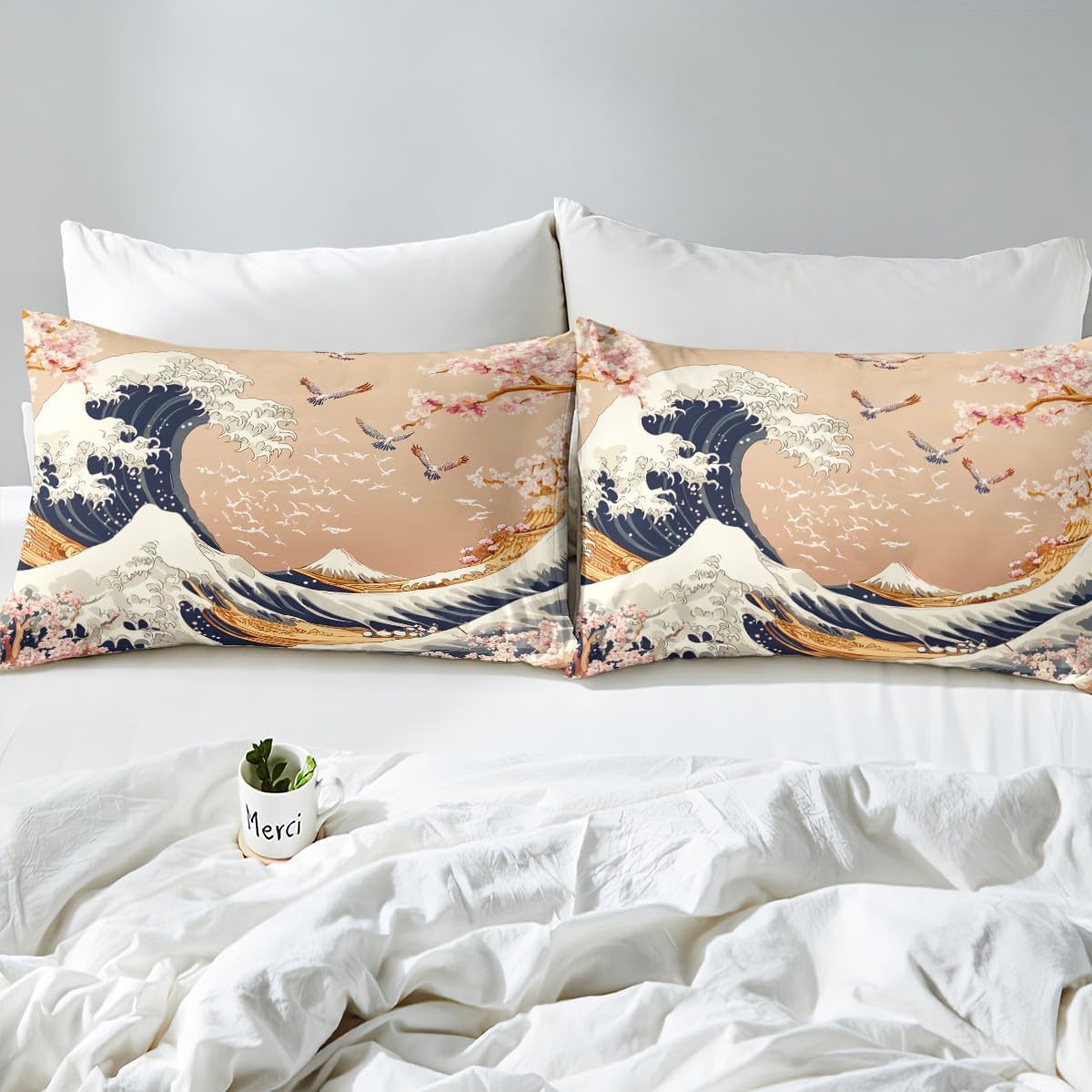 jejeloiu Japanese Wave Duvet Cover for Kids Boys Girls Toddler Size Ocean Wave Bedding Set Ultra Soft Cherry Blossoms Comforter Cover Set Fuji Mountain Bedspread Cover Japanese-Style,No Comforter