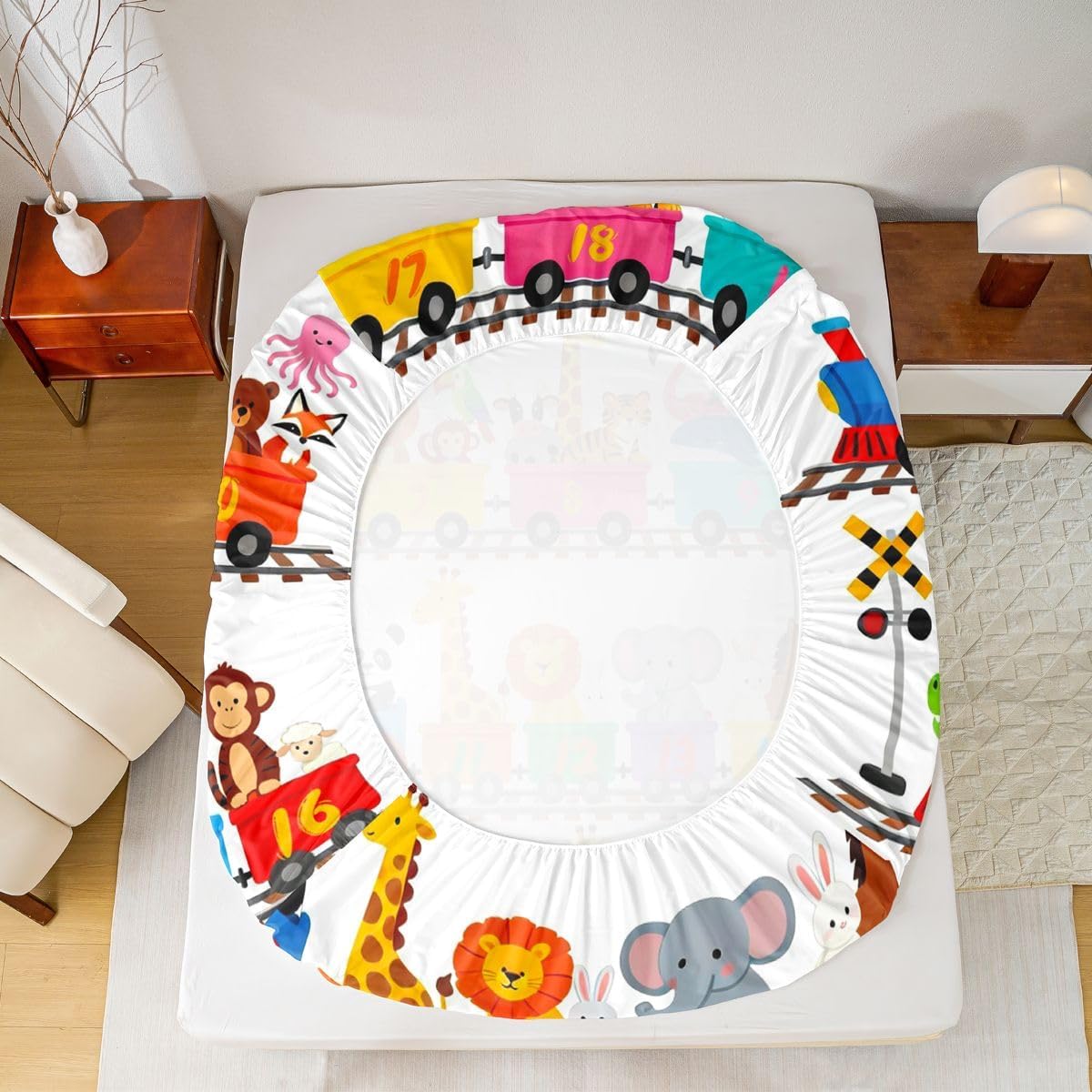 Erosebridal Zoo Animals Full Fitted Sheet for Kids Toddler Cartoon Train Sheets, Cute Steam Engine Bed Sheets Giraffe Lion Elephant Bed Cover, Number One to Twenty Bed Set (Deep Pocket)