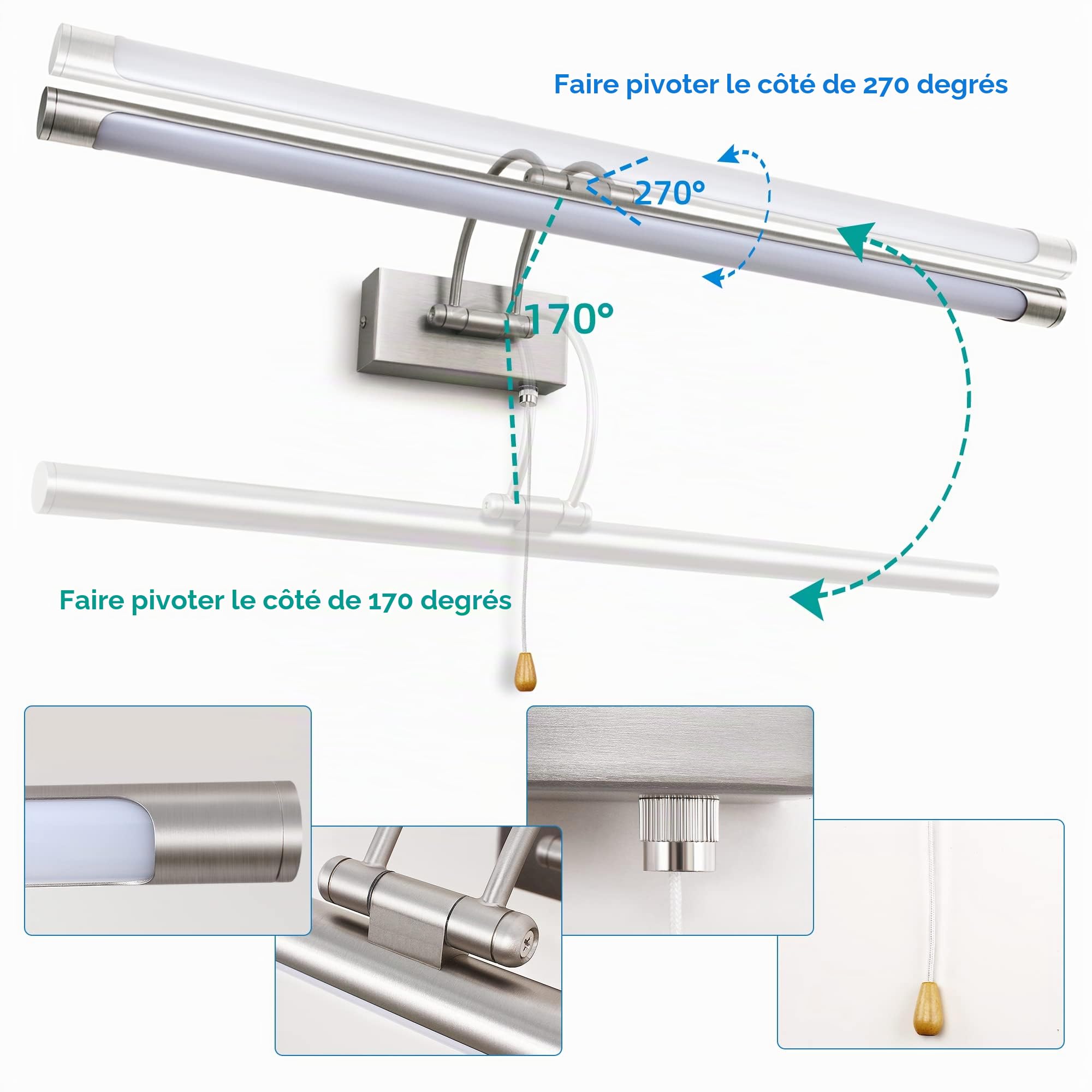 Applique Murale LED Miroir Salle de Bain 60 cm 12 W 3000K Nickel Interrupteur Bras Réglable IP44 Pour Tableaux et Vitrines Lampe de Lecture