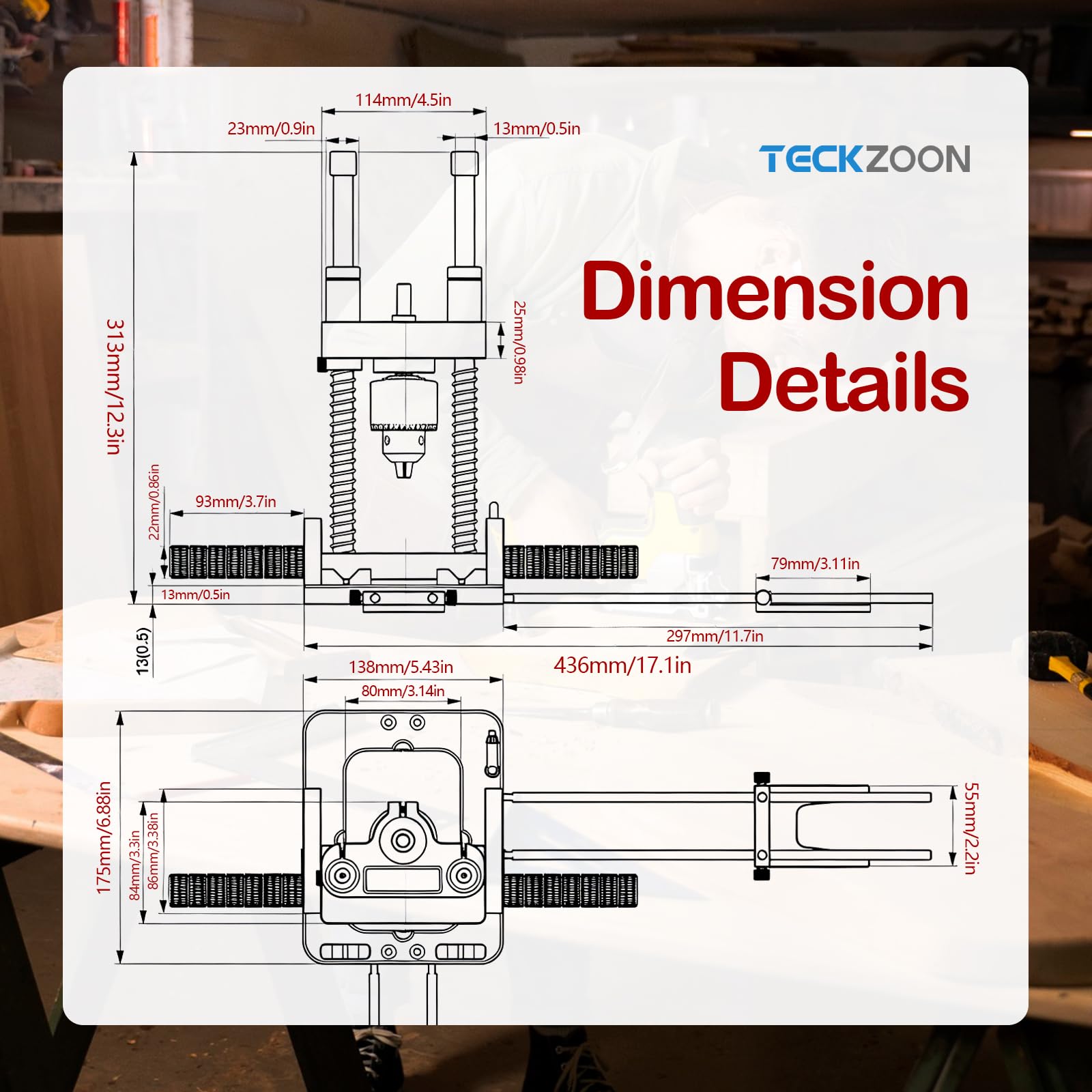 Supporto Trapano Upgrade con Mandrino, Guida Angolare 0–60° per Trapani Portatili, Autocentrante, Capacità Serraggio 1,5–13 mm, con Indicatore a Lancetta, Boccole in Ottone per Forature di Precisione