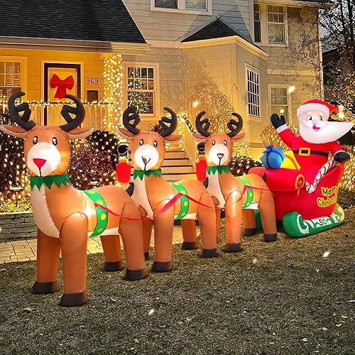 Miniatura 3 de KOOY Papá Noel inflable de Navidad de 12 pies de largo en trineo con caja de regalo de ciervos y renos, decoración de patio inflable de Feliz