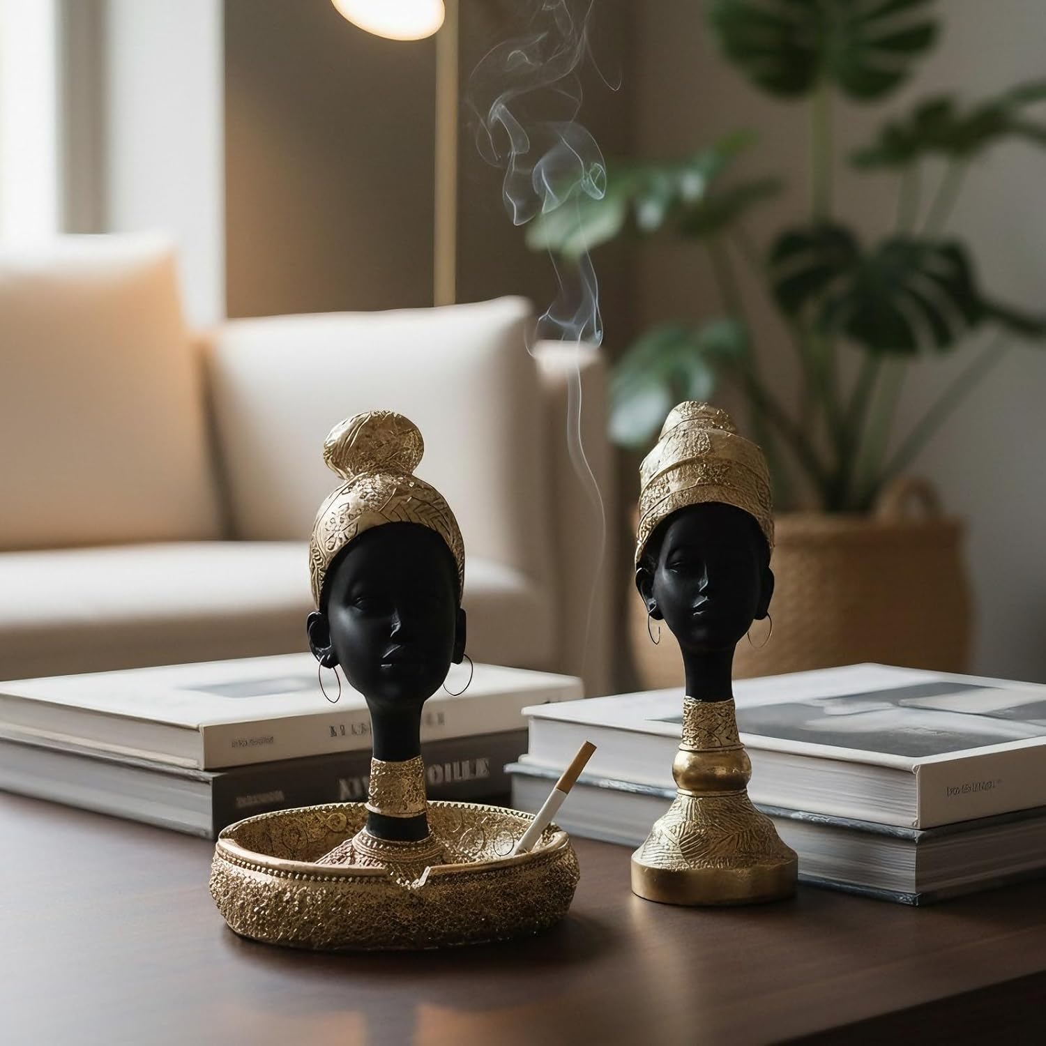 African Woman Face Bust Statue - Black Gold Resin Head Sculpture with Turban and Earrings, Modern Tribal Art Figurine for Bookshelf, Living Room and Office Decor(African Woman Figurine)