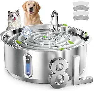 Invengo 8L/270oz Wired Quiet Stainless Steel Dog Water Fountain, 2 Filters