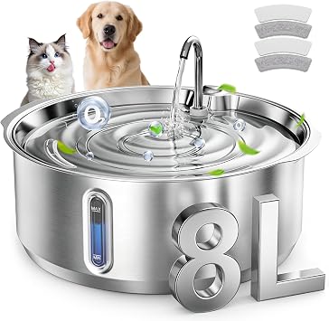 Invengo 8L/270oz Wired Quiet Stainless Steel Dog Water Fountain, 2 Filters