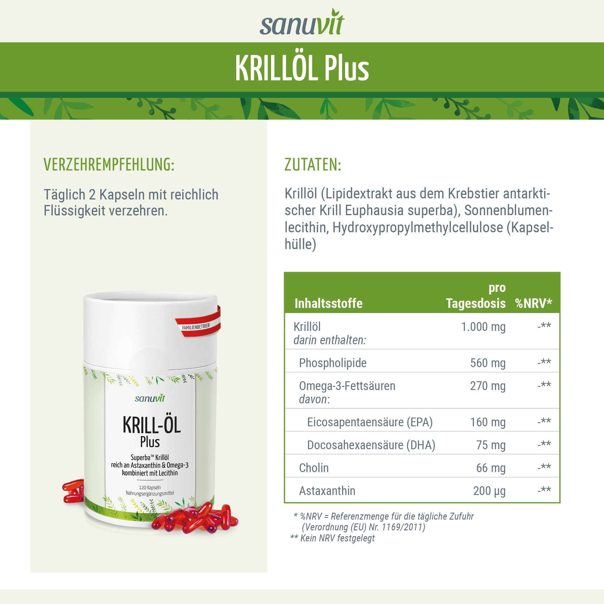 Sanuvit® - Krillöl Plus | 500 mg pro Kapsel | 120 Kapseln | Verbessert durch Sonnenblumenlecithin | mit Astaxanthin & Omega-3-Fettsäuren | Hergestellt in Österreich