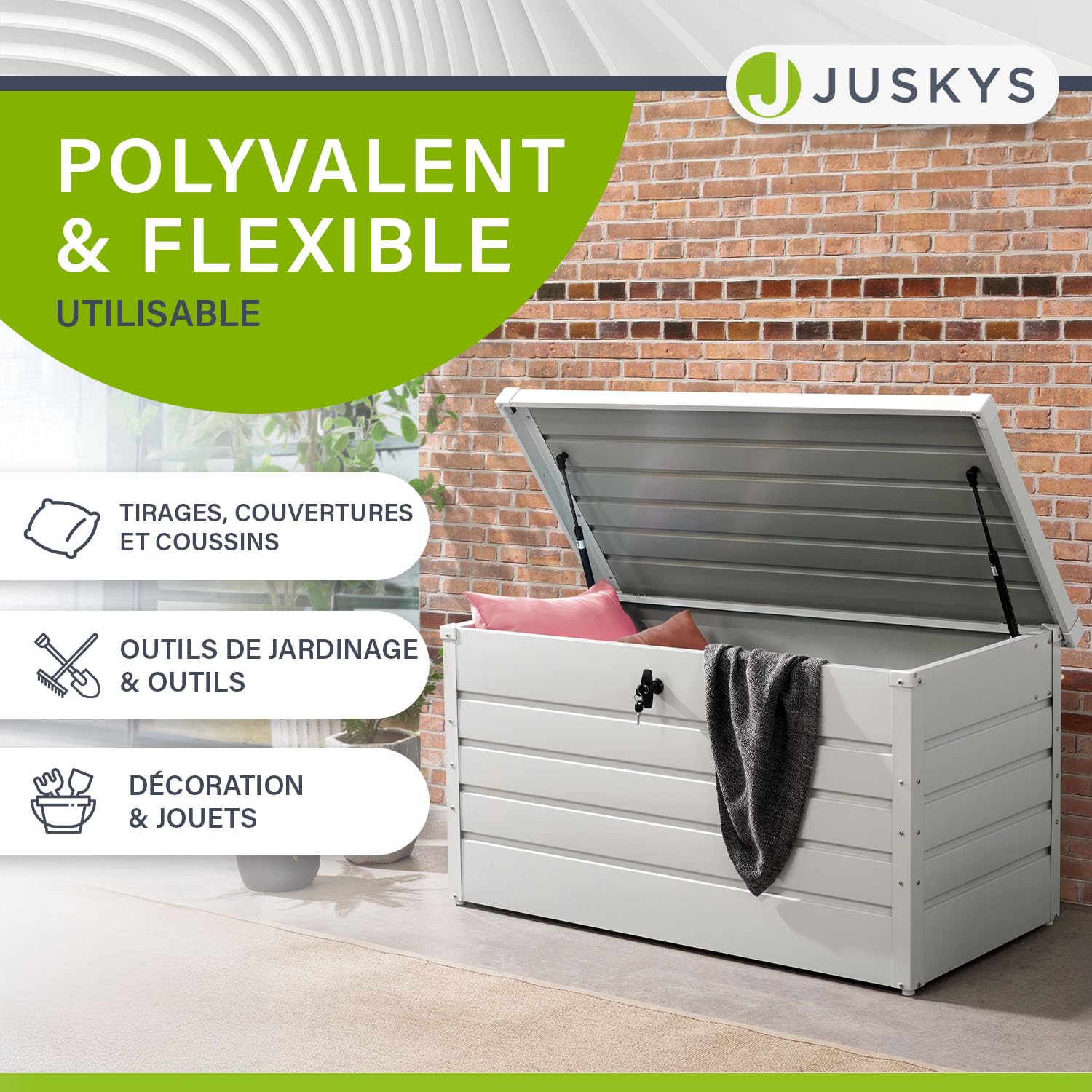 Juskys Boîte de rangement en métal Limani 380 L étanche verrouillable jardin blanc