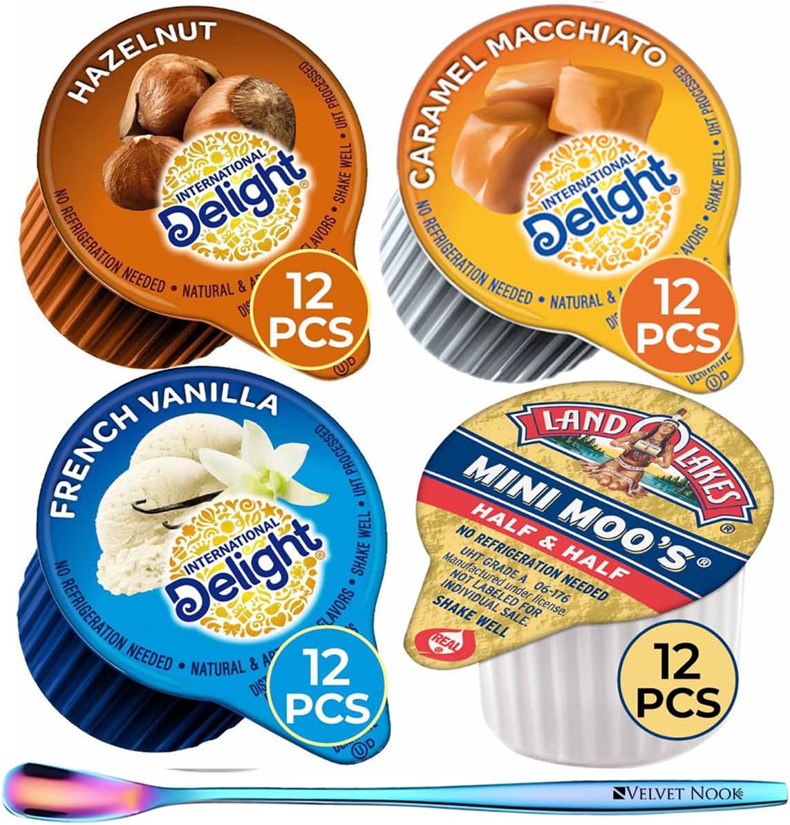 Coffee Creamer Singles Variety Pack - 48-Count Assorted Non Dairy Liquid Coffee Creamers - 4 Flavors: French Vanilla, Hazelnut, Caramel Macchiato & Half and Half - For International Delight Fans