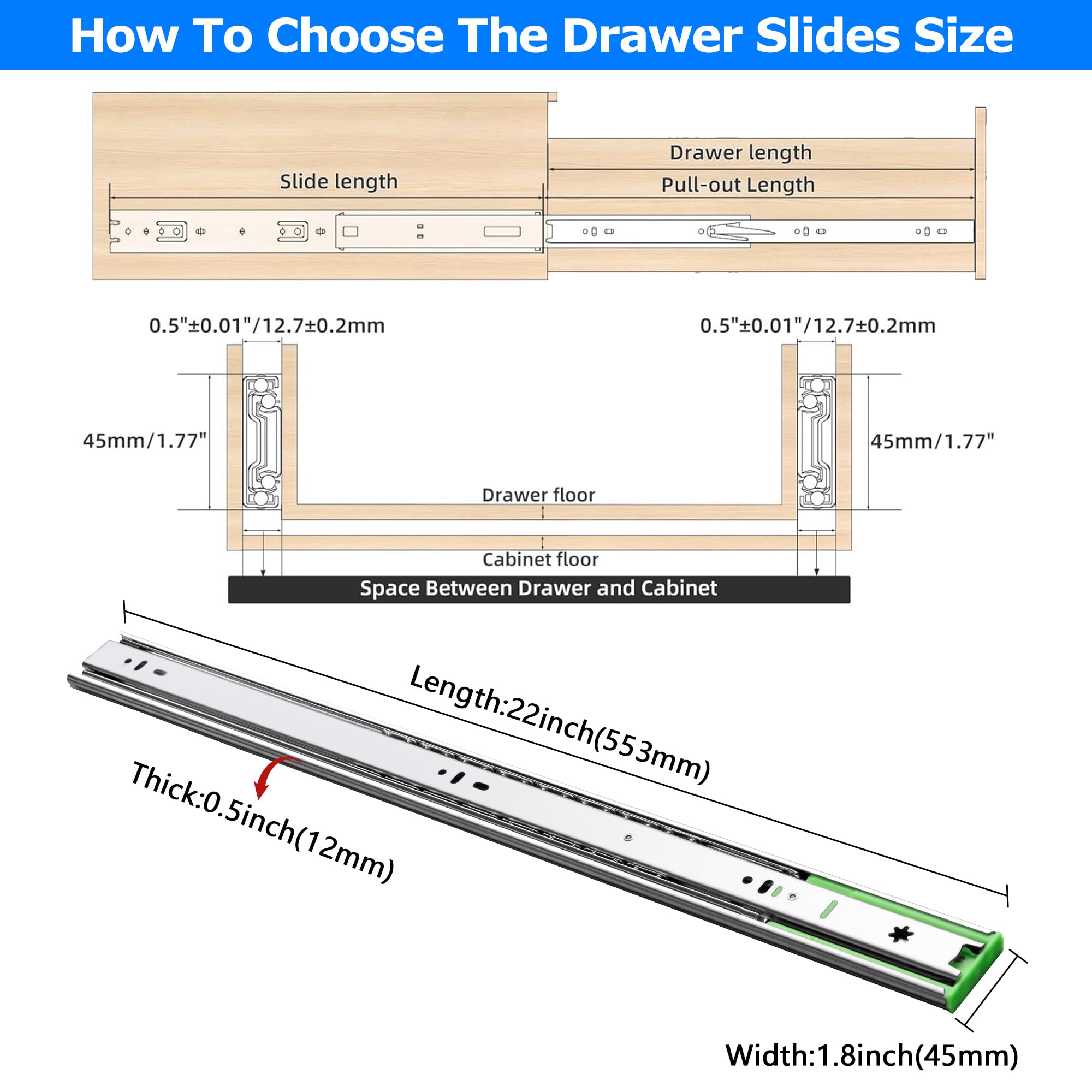 Goldenwar 10 Pair Soft Close Drawer Slides 22 Inch – Heavy Duty Full