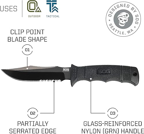 Vista 9 de SOG SEAL Cuchillo de hoja fija Pup Elite E37T-CP - negro, TiNi 4,85 pulgadas, hoja AUS-8 parcialmente serrada, mango GRN, funda rígida de nylon.