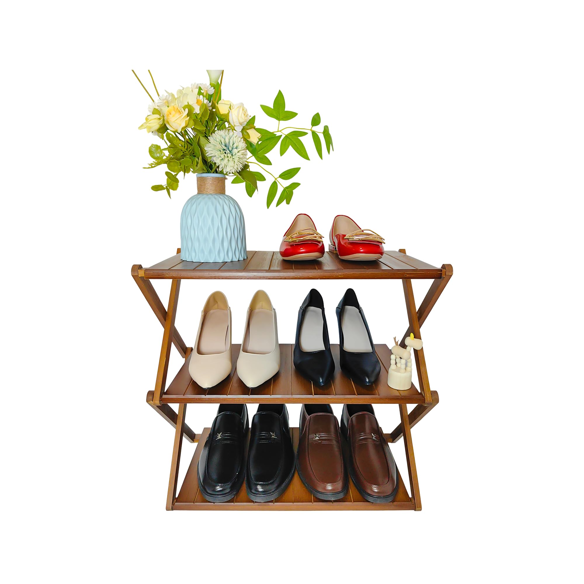 FEIXIDI Foldable Bamboo Shelf, Folding Shoe Rack, Flower Rack, Camping Rack, No Installation Required, Portable, Space Saving, Multi-Purpose Storage