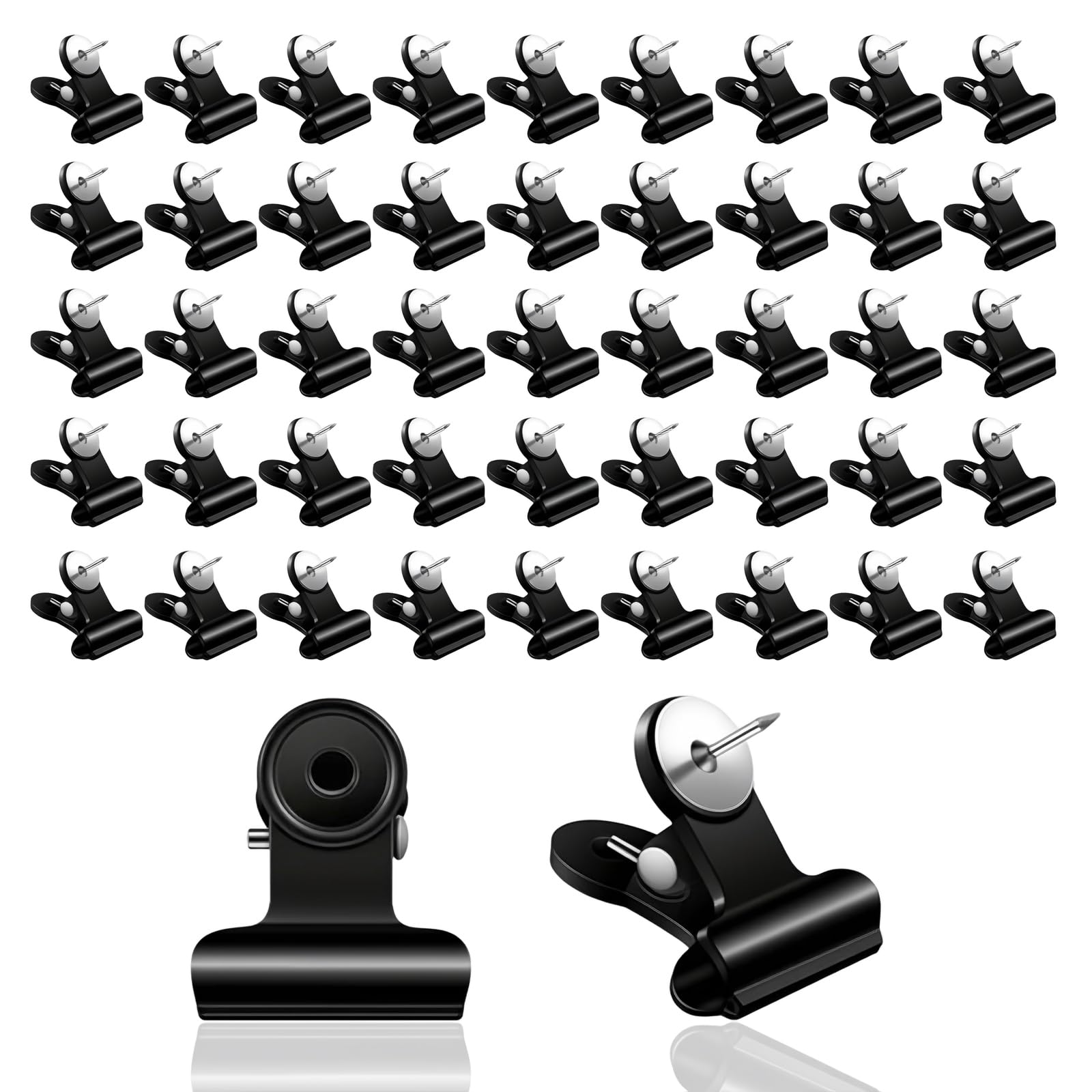 Qknosm Black 50 Pieces Thumb Tacks Clips, Push Pins Clip Metal Cubicle Clips With Pins For Cork Board And Photo Wall