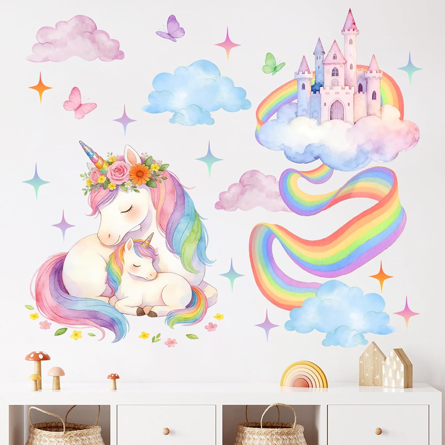 Mfault Watercolor Dreamy Princess Castle Unicorn Wall Decals Stickers, Fairytale Rainbow Cloud Nursery Decoration Girls Bedroom Art, Star Butterfly Floral Baby Toddler Kids Playroom Decor