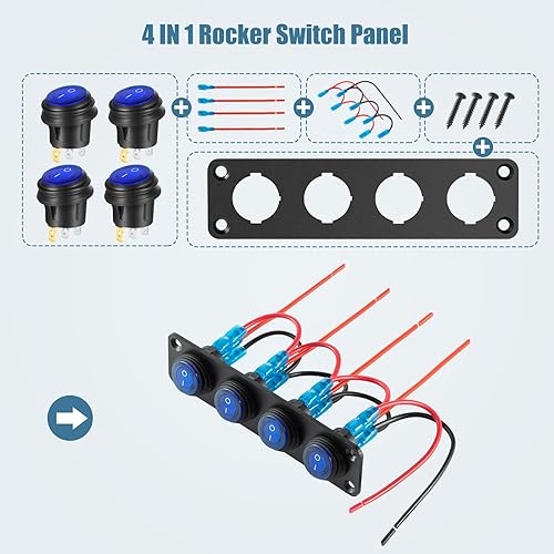 Miniatura 5 de Panel de interruptor marino impermeable, interruptor basculante de palanca de 4 bandas con punto redondo de 12 V CC iluminado 20 A 3 pines SPST