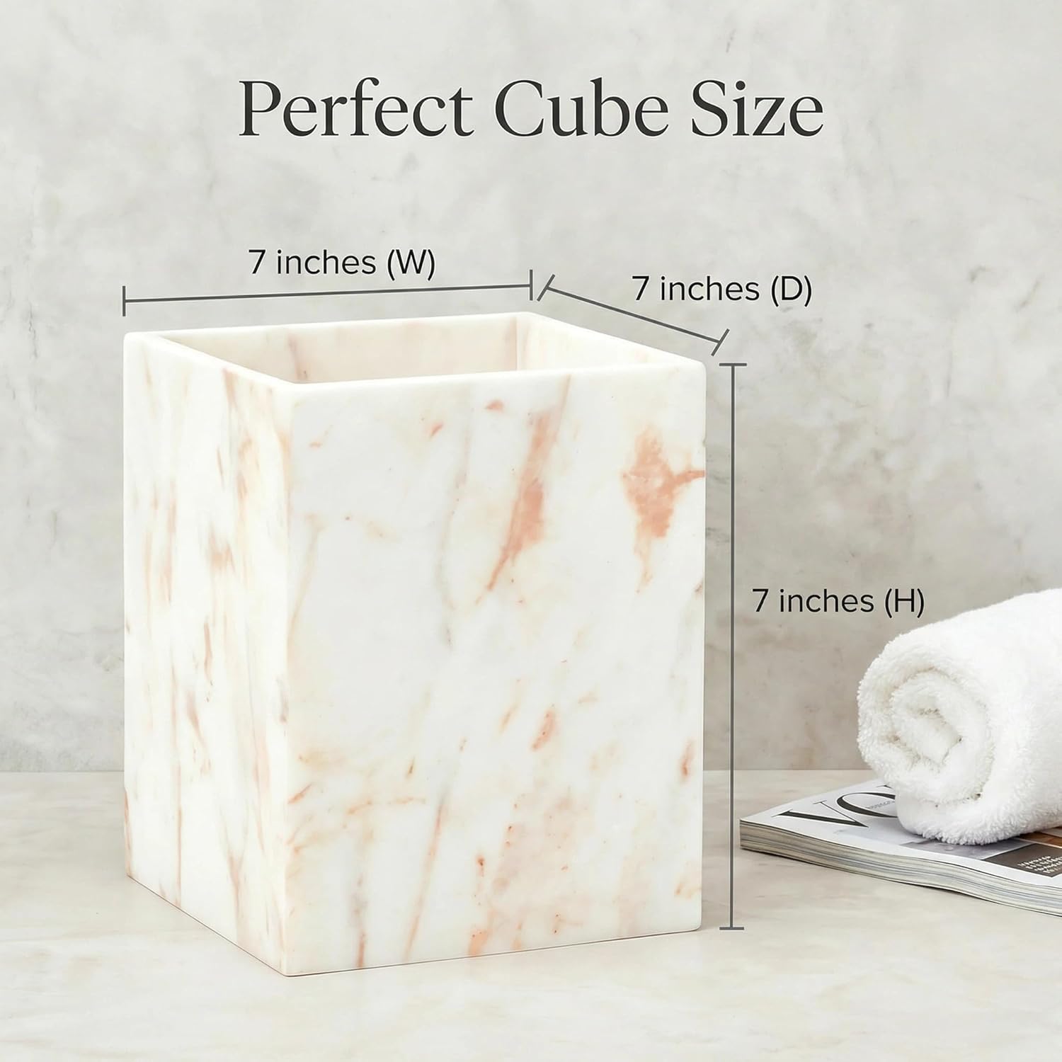Small Marble Rectangular Trash Can, 1.9 Gallon/7.2 Liter Garbage Bin, Decorative White Gold Marble Wastebasket Mini, Tiny Waste Basket for Bathroom, Bedroom, Home Office, Laundry Room, Kitchen