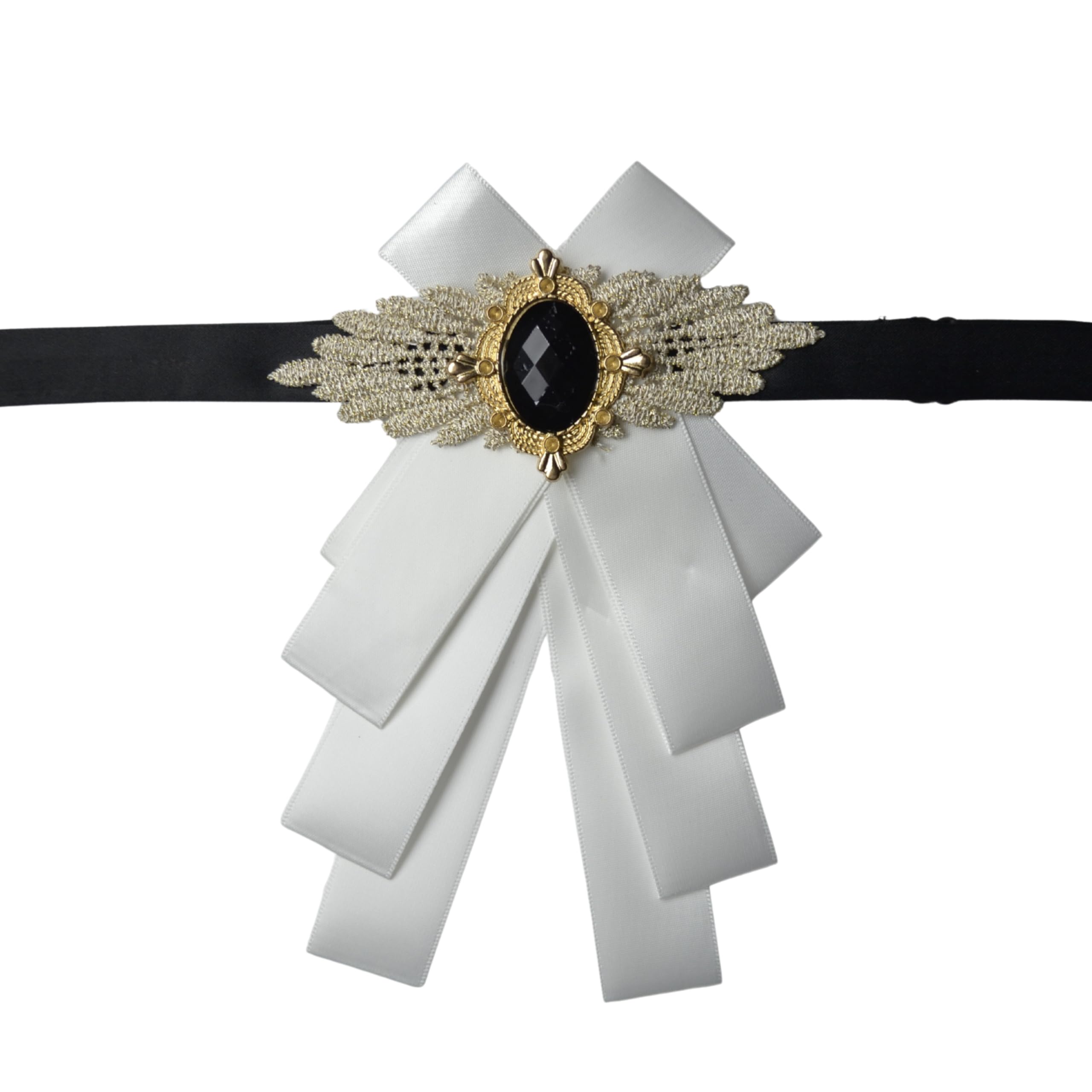 calixto Men's Elegant White Satin Ribbon Bow Brooch with Black Gem & Gold Embellishment – Vintage-Inspired Statement Accessory for Dresses, Shirts & Coats-picture-11