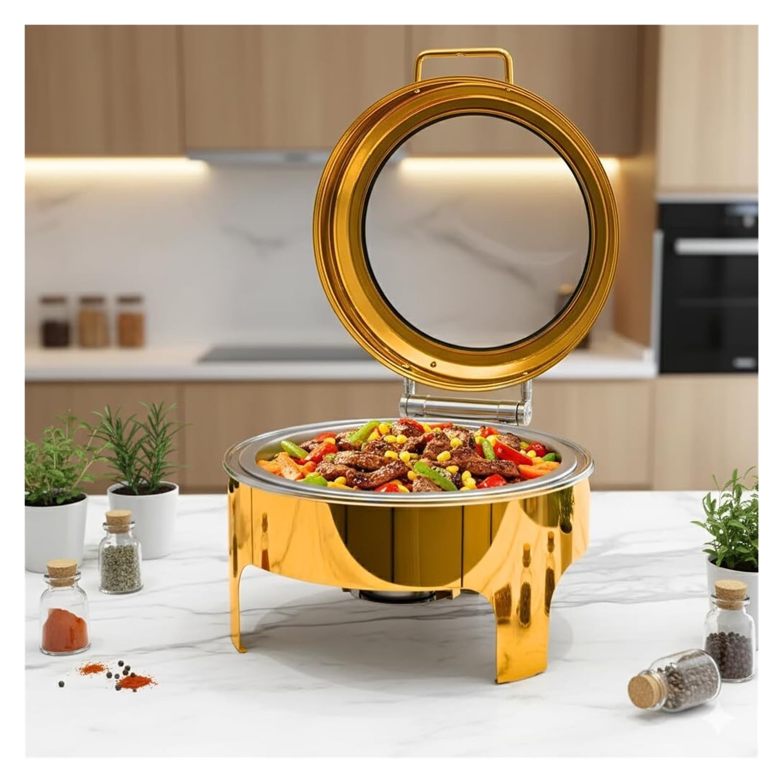 Set da buffet for scaldavivande rotondo in acciaio inossidabile dorato