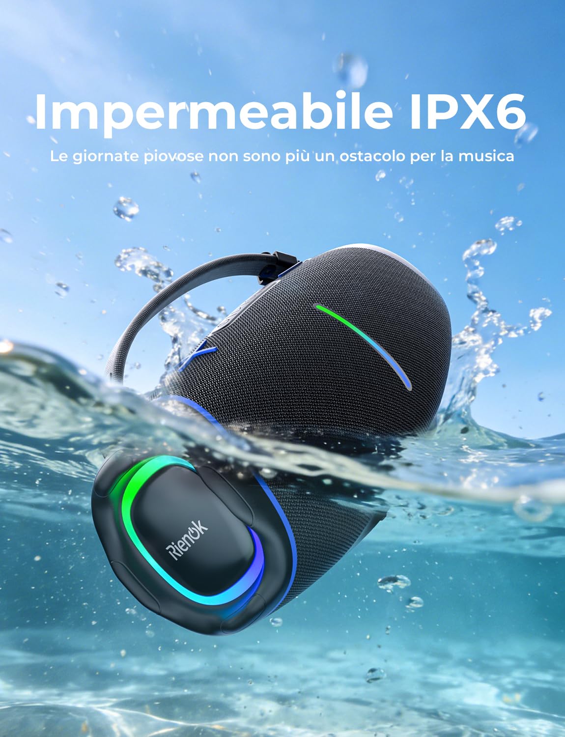 RIENOK Cassa Bluetooth Potente 100W, Impermeabile IPX6 per Esterno Feste | 2 Tweeter 2 Woofer, Supporto USB /Scheda TF /AUX, 30 Ore di Autonomia, Vero Stereo Senza Fili, Chiamate in Vivavoce