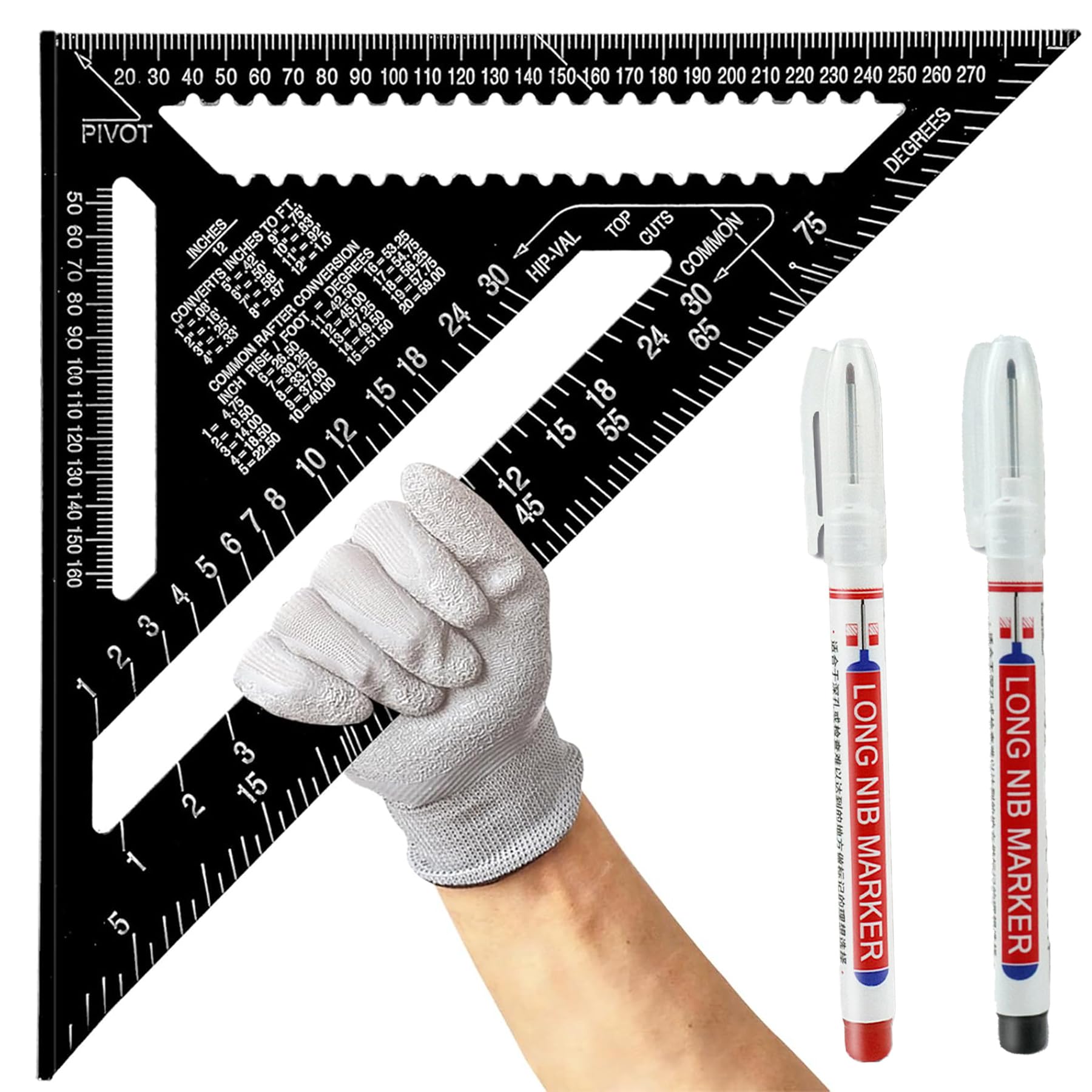 12-inch aluminum alloy (metric) set square, professional rafter square, comes with two deep-hole markers, woodworking angle ruler, angle measurement and marking, precision scale. — image 1