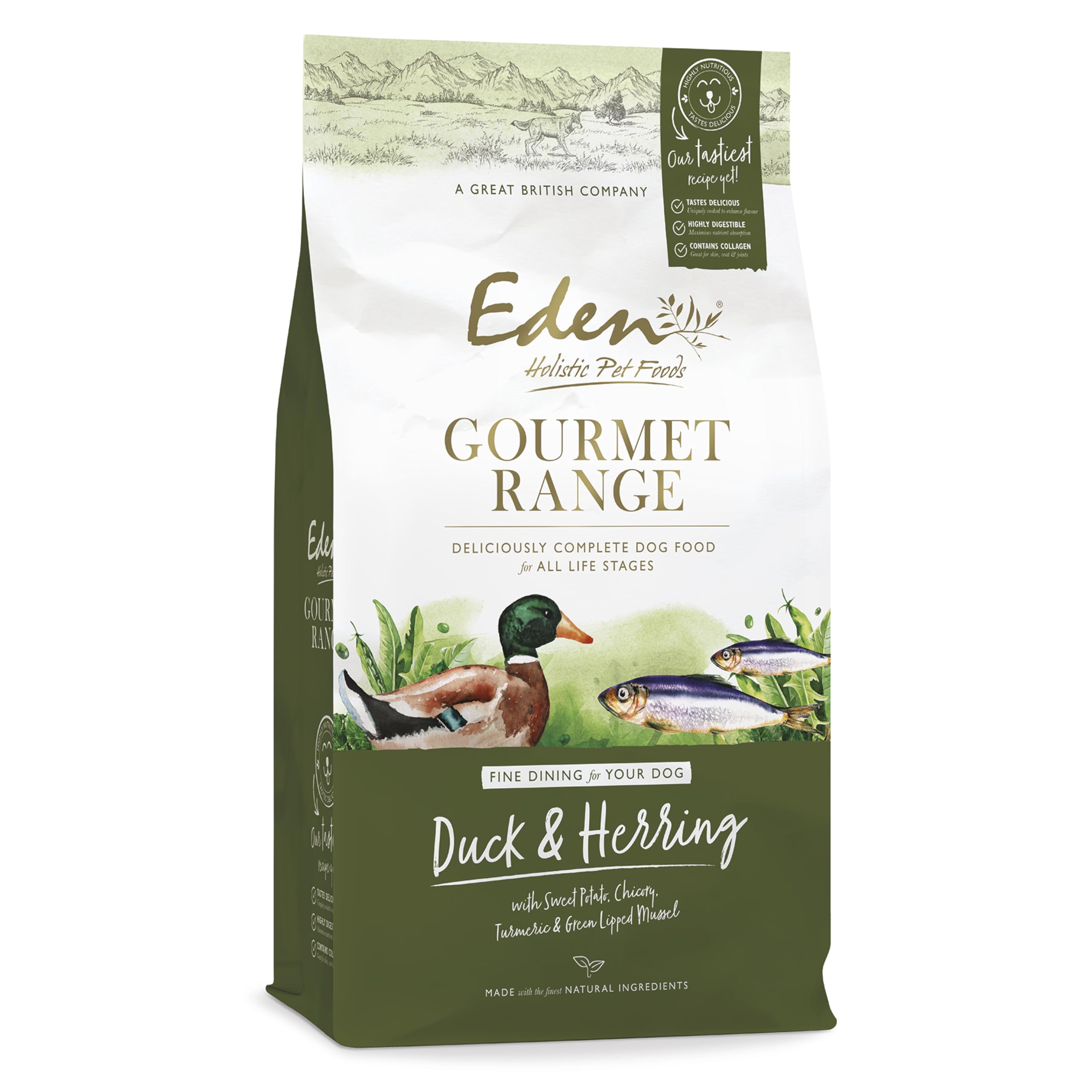 Eden Gourmet Duck & Herring 10kg Kibble. Naturally Complete Premium Dry Dog Food for Puppies, Adult & Senior Dogs - Formulated with highly digestible protein and collagen