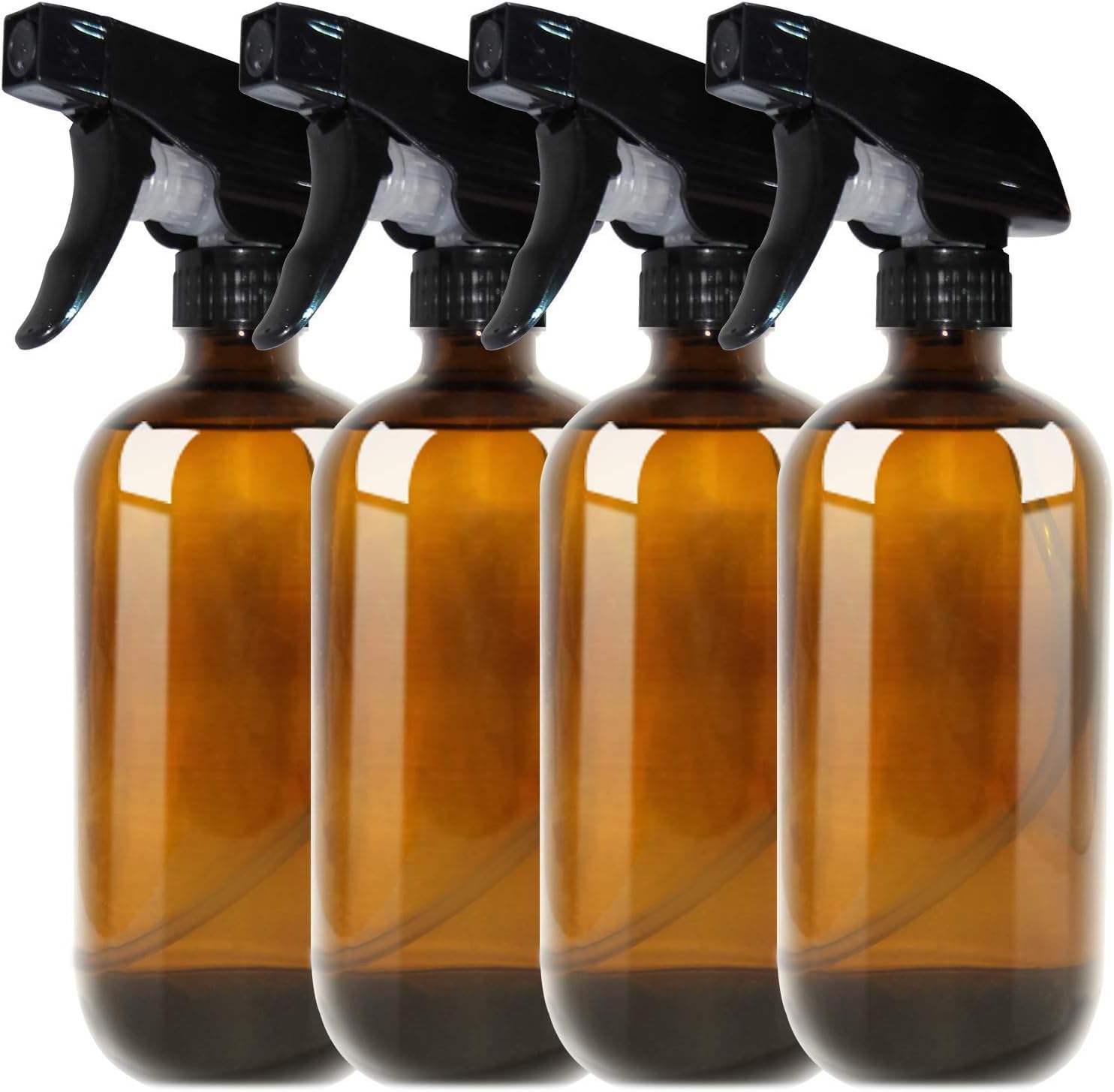 Amber Glass Spray Bottle Boston 500ml (16oz) - Refillable Container with Trigger Sprayers, Caps and lables, Glass Bottle for Essential Oils, Cleaning, Room Spritzers or Aromatherapy (4x500ML)