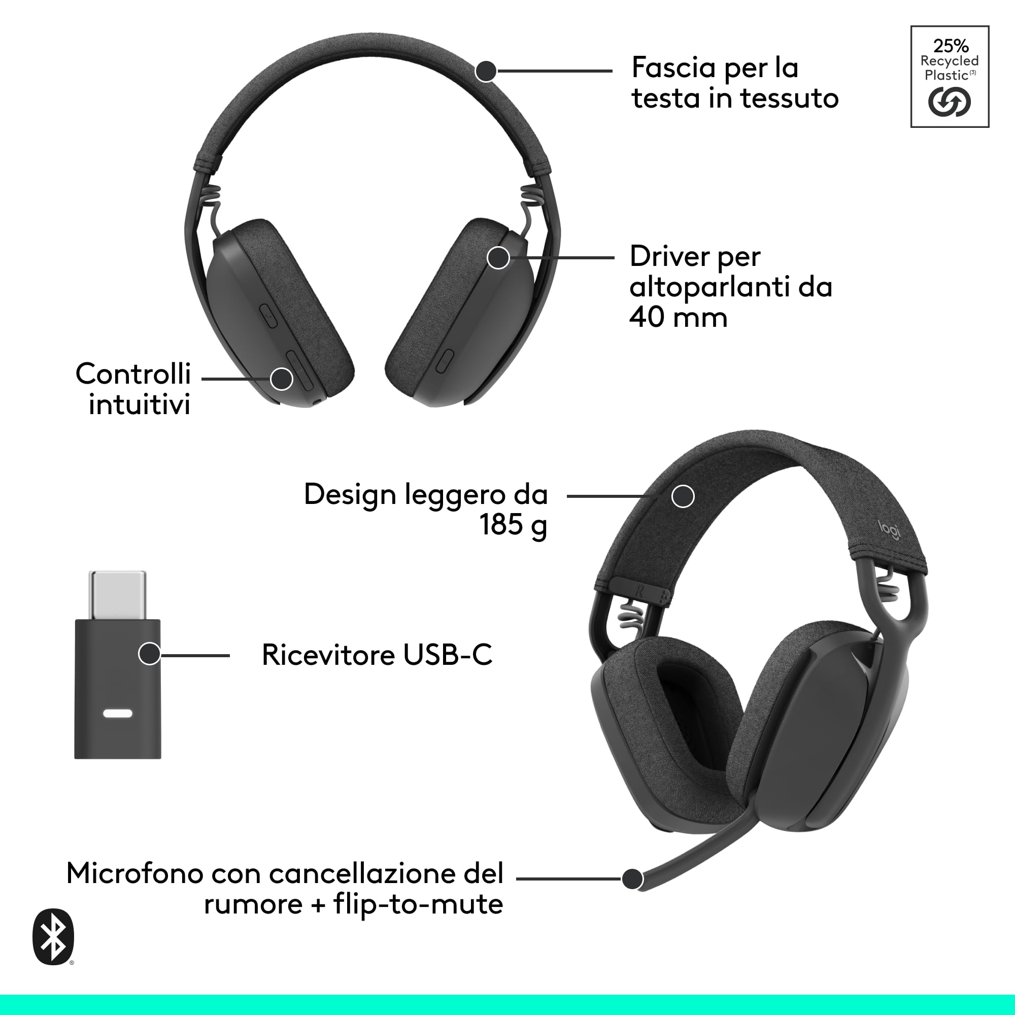 Logitech Zone Vibe Wireless, cuffie Bluetooth con microfono e cancellazione del rumore, USB-A, USB-C per Google Meet, Google Voice, Zoom, Mac/PC - Grafite