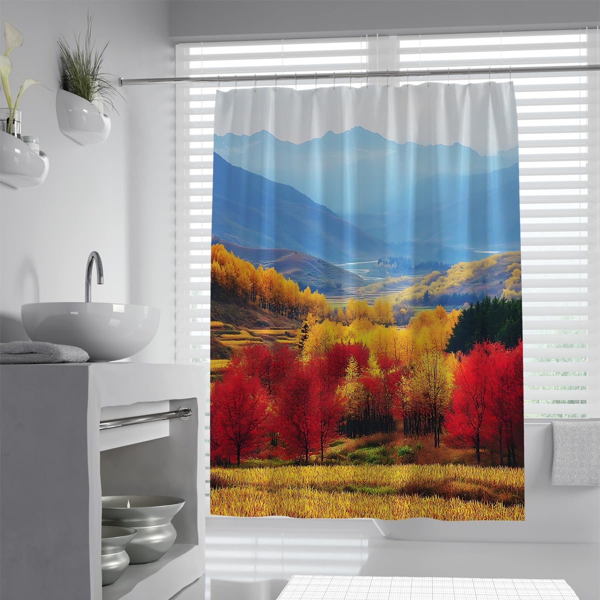 Herbst-Wildnis Bergblick Print-Duschvorhang W150xL200 cm