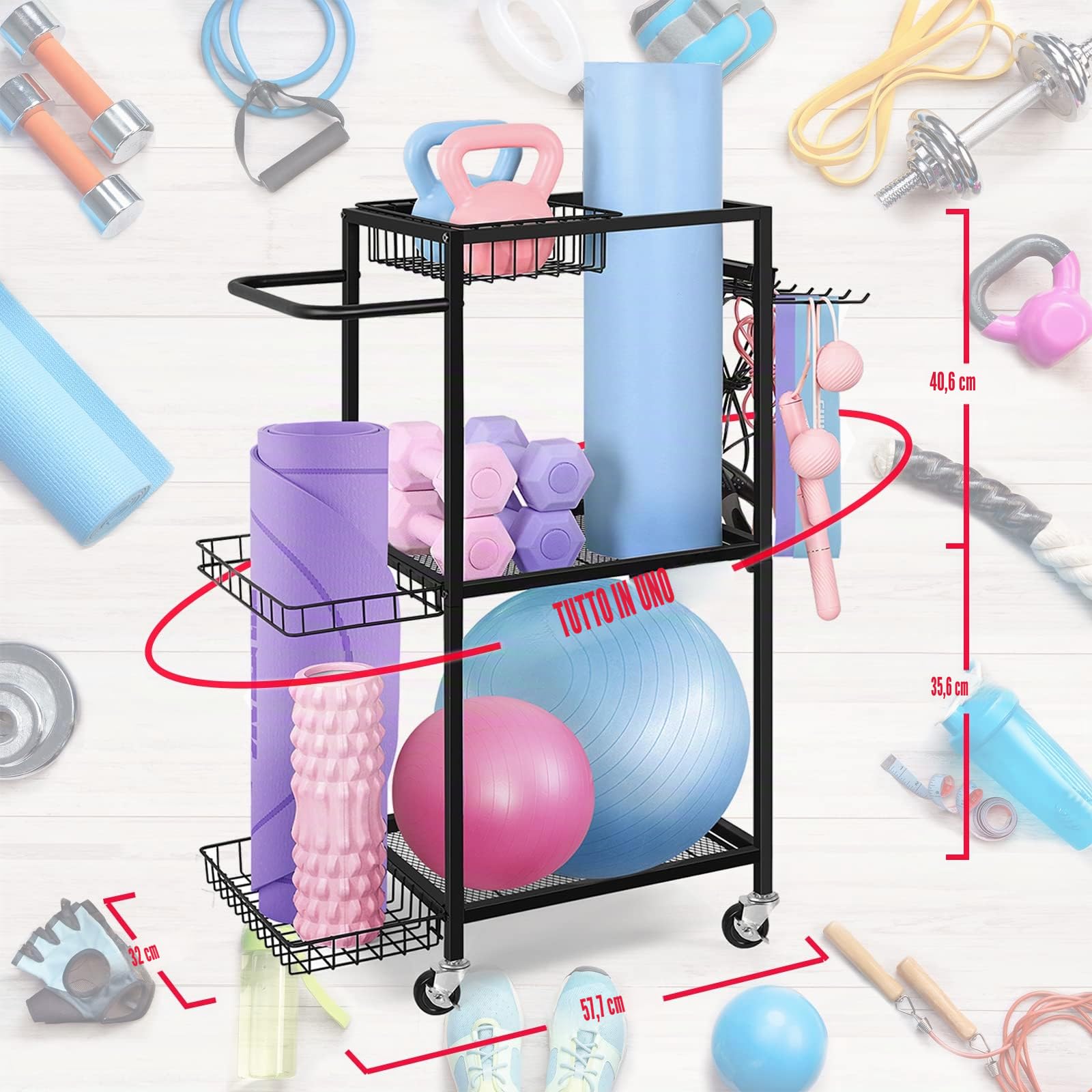 LIANTRAL Rastrelliera per manubri, tappetino da yoga, scaffale per attrezzature da allenamento per manubri, kettlebell, tappetino da yoga e palle, organizer per casa e palestra, con ganci e ruote