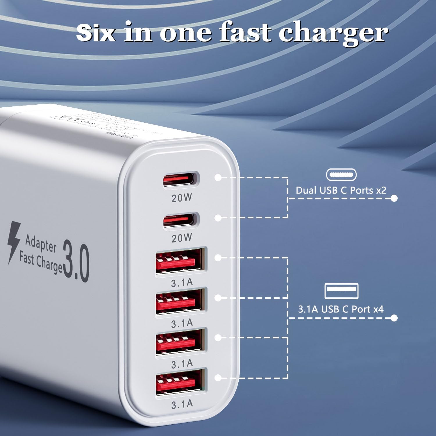 Ładowarka USB C 52W, wtyczka z 2 x USBC i 4 x USBA, 6 portów szybka ładowarka PD20W, zasilacz USB kompatybilny z iPhone 16/15/14/13/12/11/iPad/Galaxy S21/S22/S23/S24