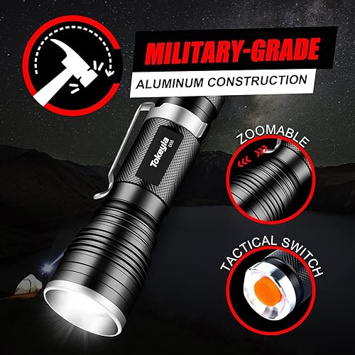 Miniatura 3 de Tokeyla Linterna táctica LED brillante, 3 modos de alto lúmenes, zoom, linternas pequeñas para uso diario, potentes para accesorios de campamento,