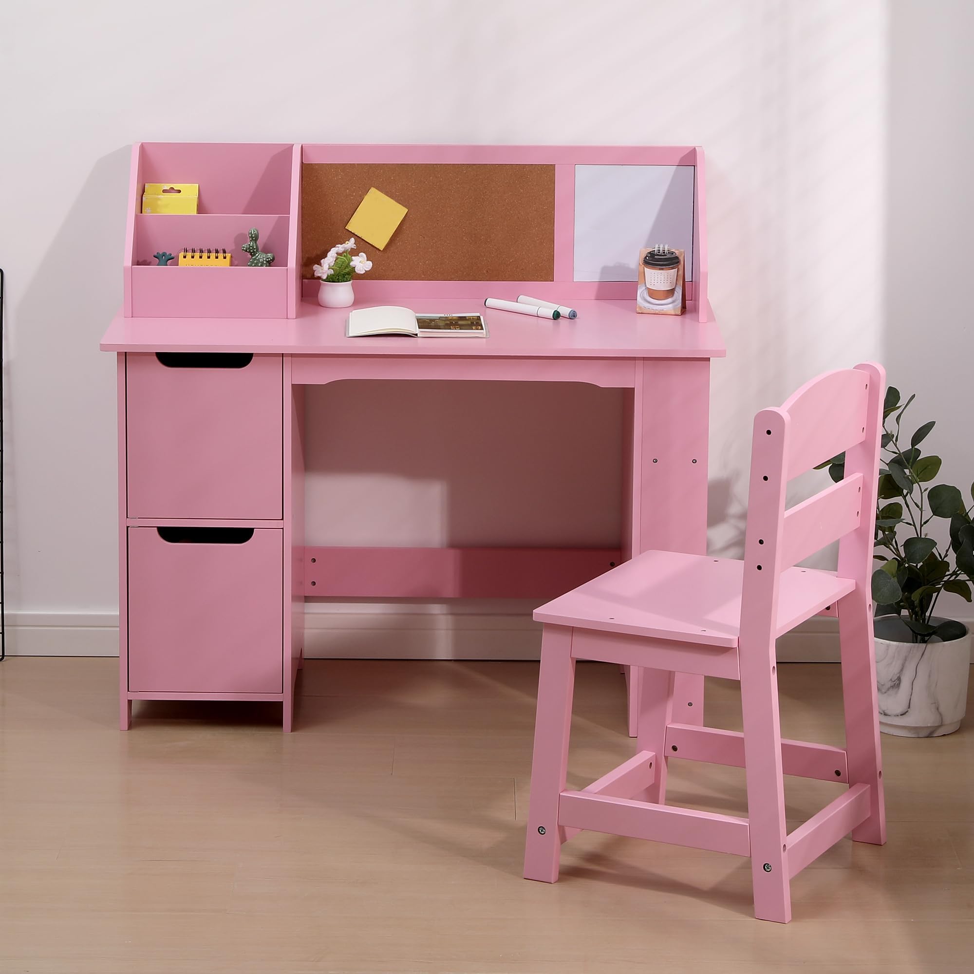 Studienschreibtisch und Stuhl für Kinder, Lerntisch aus Holz mit Aufbewahrung, Sichtfenster und Anzeigetafel, Computertisch mit Stuhl für Jungen und Mädchen im Alter von 3 bis 8 Jahren