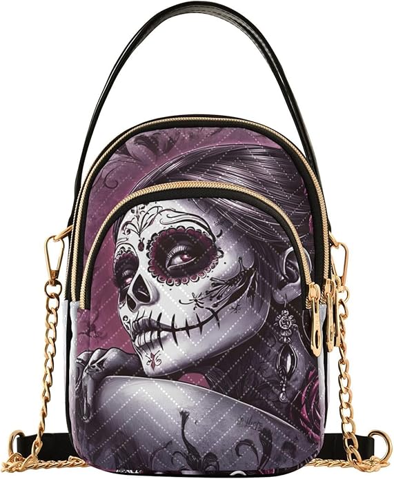 Gothic Sugar Skull Quilted Crossbody Bags for Women – Fashion Design, Vegan Leather - Small Shoulder Handbags for Shopping, Travel, Daily Use