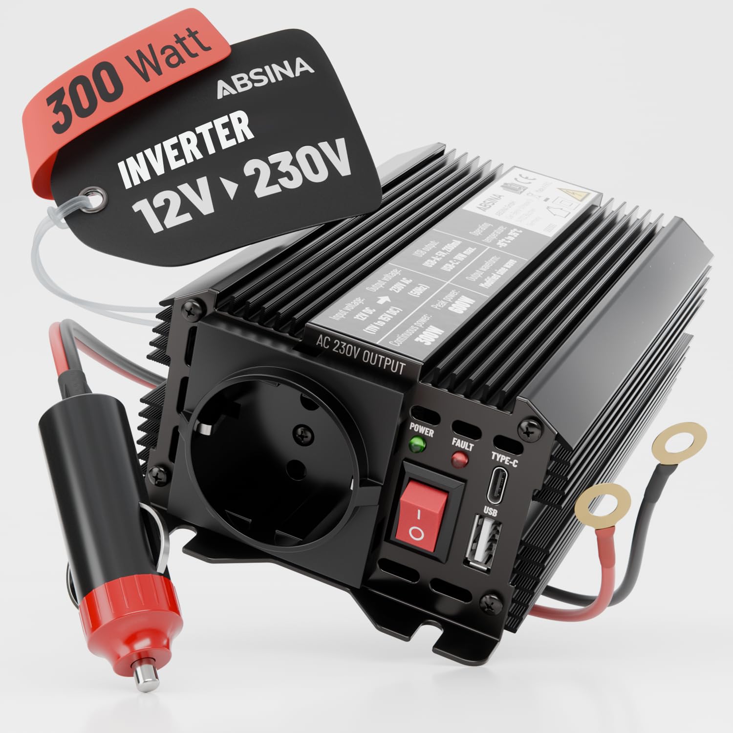 ABSINA Inverter 12V 220V - Trasformatore 12V 220V di Tensione Sinusoide Modificata - Auto Inverter 300W con 600W di Picco, Convertitore Corrente