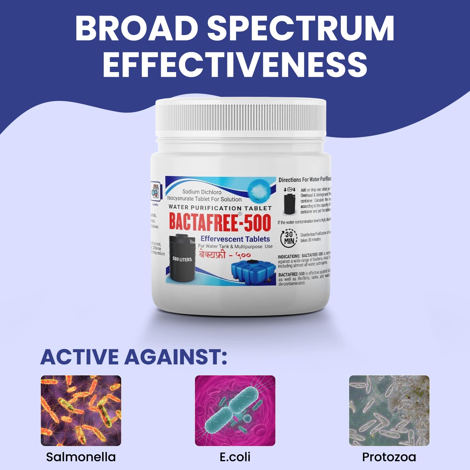 Bactafree 500 Water Purification Tablets - Each Tablet for 500 Litres, 50 Tablets Pack - Water Treatment and Disinfectant Tablet for Overhead & Underground Tank - 25,000 Litres Purification, Pack of 1 4
