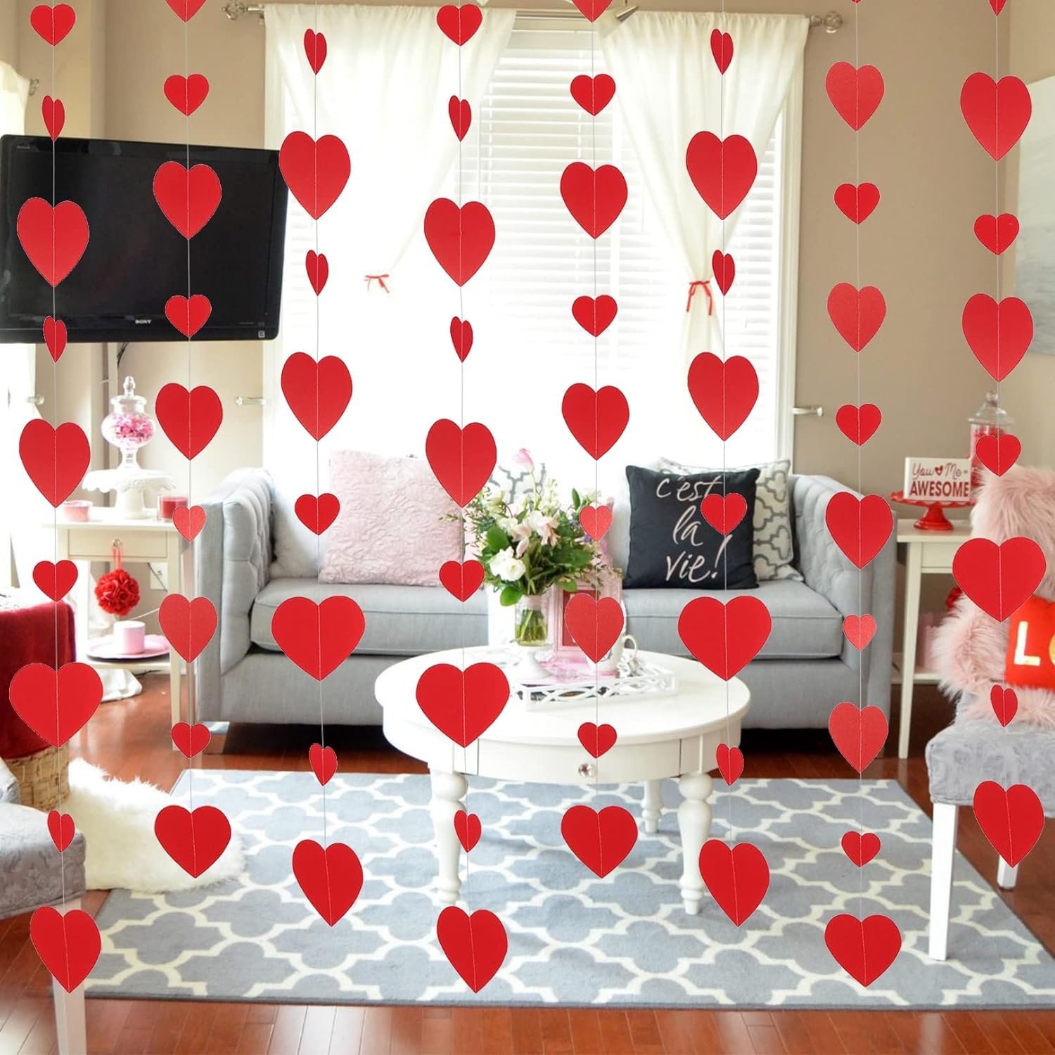 Valentines Day Decorations,Valentines Day Decor Hanging Felt Garland 3Pcs Red Heart Garland Banner 6M/19.6Ft Double Sided Paper Heart Banner for Home Bridal Shower Anniversary Wedding Birthday Party