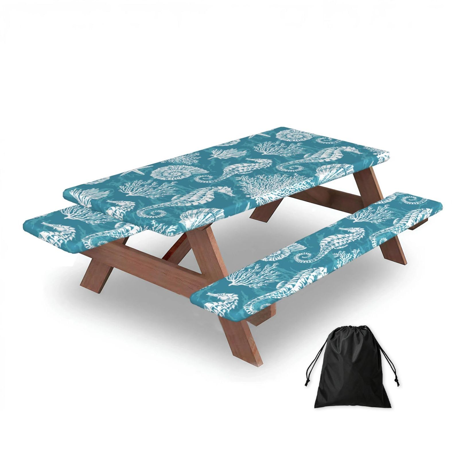 Dopklna As Picture Sea Shells Seahorse Coral, Picnic Table Cover With Bench Covers -Waterproof Elastic Fitted Tablecloth For Garden Camping Patio 76X152cm
