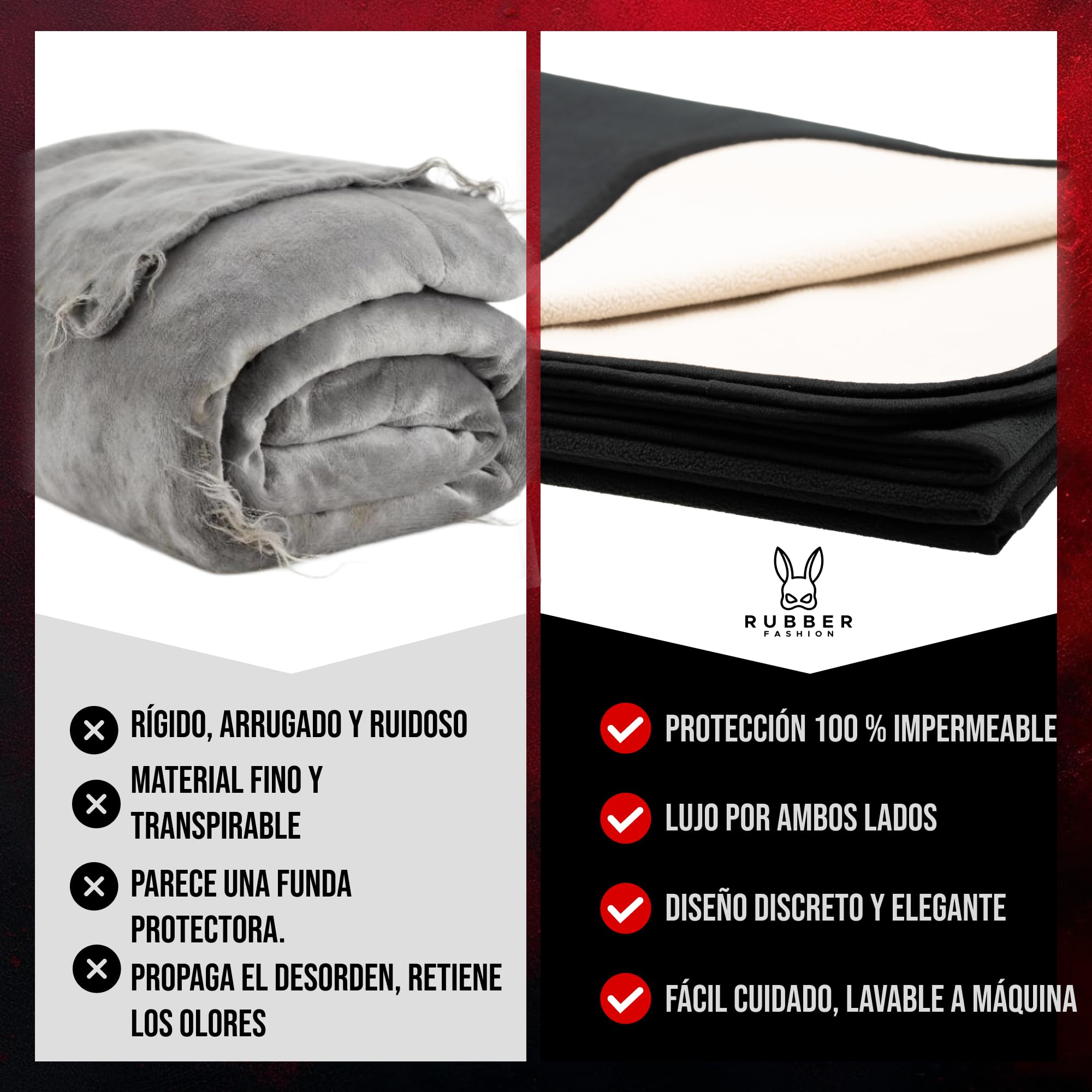 Rubberfashion Manta sexual impermeable suave – Manta de amor para cama y sofá – Base impermeable 200 x 152 cm para momentos románticos y vida cotidiana, color negro y beige