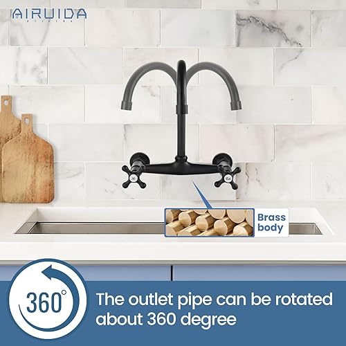 Miniatura 8 de Airuida Grifo de latón negro mate de montaje en pared con doble mango y adaptador ajustable