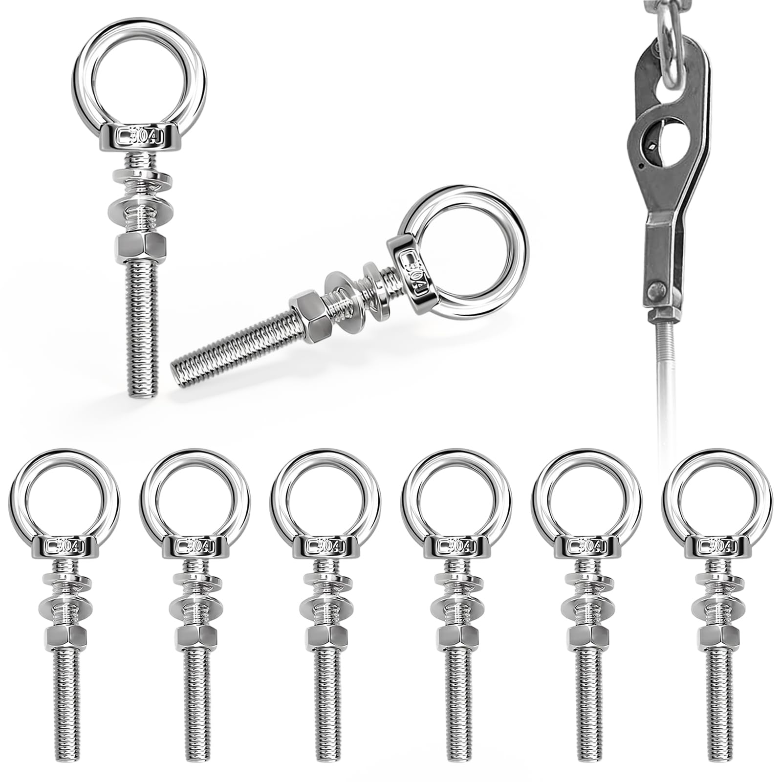 8 PCS M8 x 100mm Shoulder Eye Bolts, 304 Stainless Steel Eyebolt with Nut