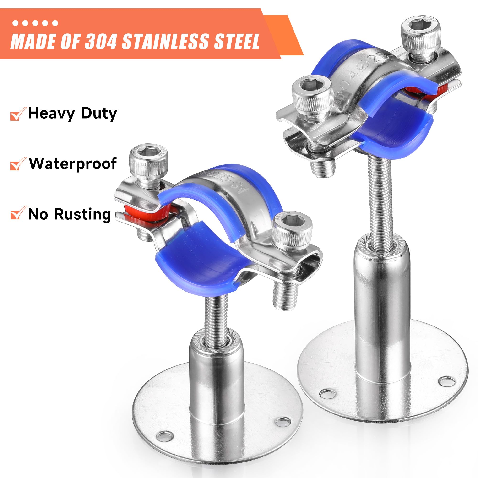 6 soportes de tubería de acero inoxidable 304 para montaje en pared, adecuados para tubos OD de 38 a 40 mm, altura ajustable de 30 a 50 mm, abrazadera de correa de tubo ajustable con