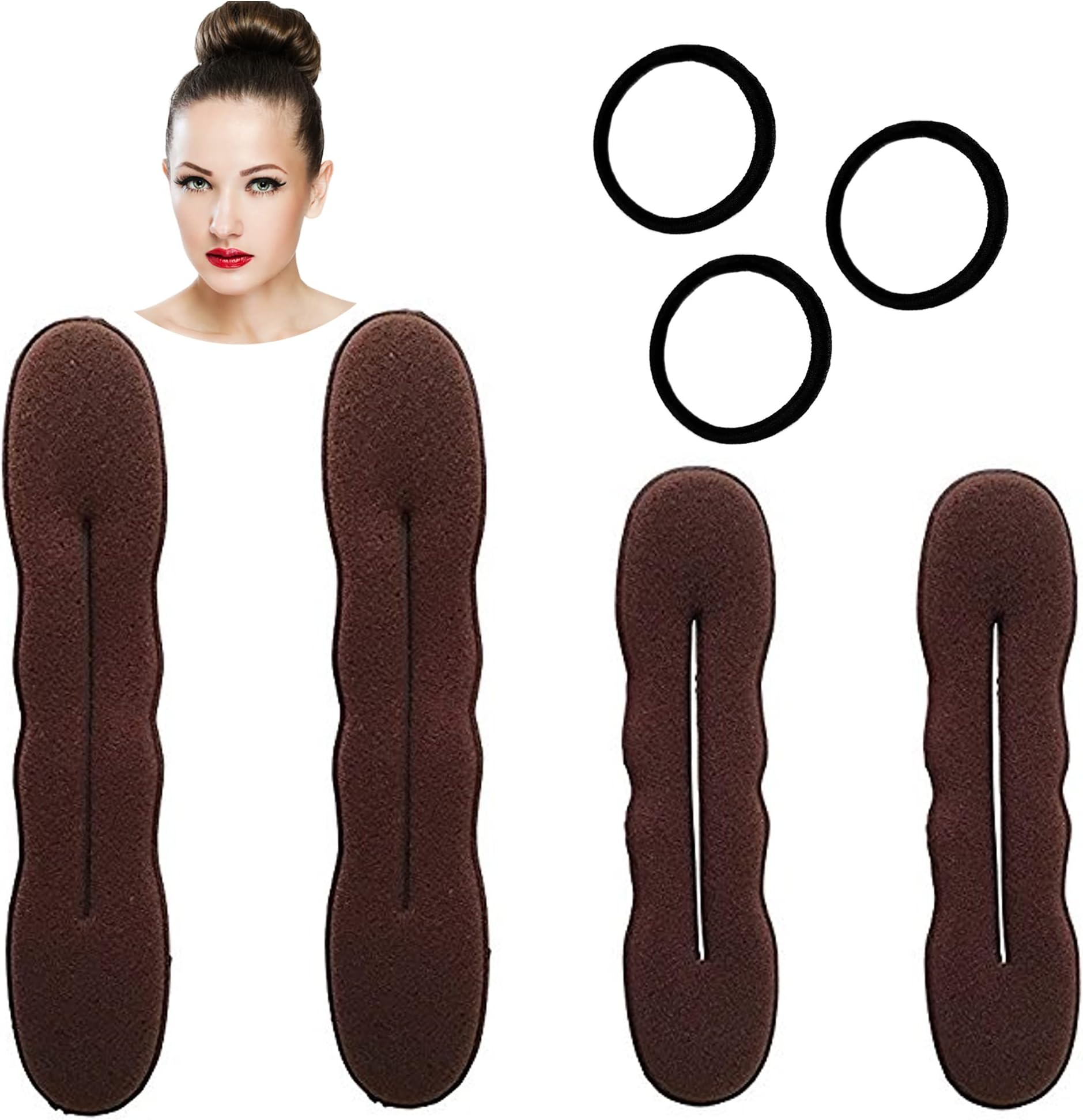 Styla Hair Brown Magic Hair Bun Maker 4 Pack (2 Small, 2 Large) Foam Sponge Buns with Hair Ties Shaper Accessories Strong Flexible Reusable Bun Twister for Updo’s, Ballet Buns, French Twist, Waves & more!