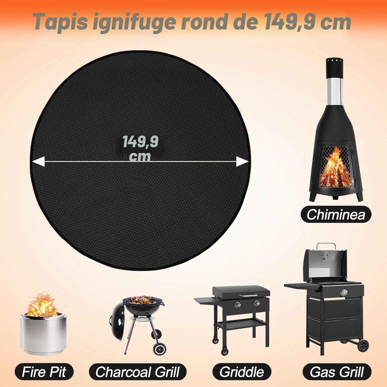 Apipi Tapis de brasero Yukon de 150 cm pour réchaud Solo Stove Yukon, Tapis Ignifuge Rond à 3 Couches, Tapis imperméable réutilisable pour Gazon, terrasse, extérieur, Barbecue, Noir