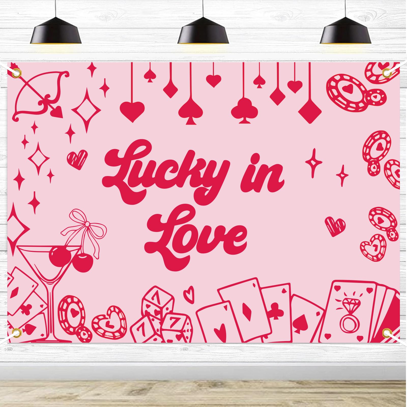 7x5ft Lucky in Love Backdrop - Cherry Las Vegas Bridal Shower Decor, Casino Theme Blackjack Game Night Wedding Engagement Bachelorette Party