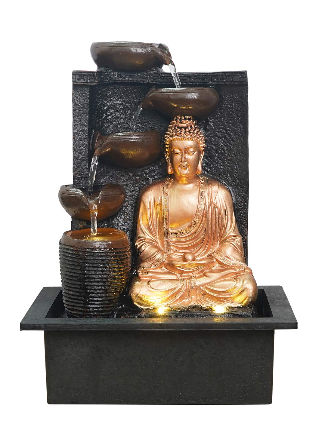 INDIANA CRAFT Polyresin Golden Brown Meditating Buddha Tabletop Indoor 4 Diya Steps Water Fountain for Home Decor with Yellow LED Light & Speed Controller Pump (Size: 40 x 29.5 x 22CM | Wt: 2685grm)