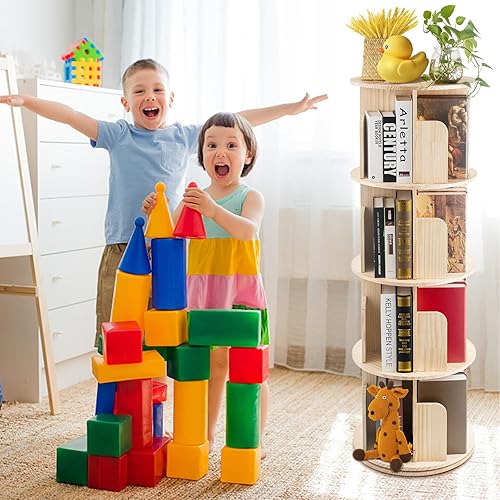Miniatura 3 de Librería giratoria de 5 niveles con patas,Estantería redonda de madera con pantalla de 360,Estantería giratoria