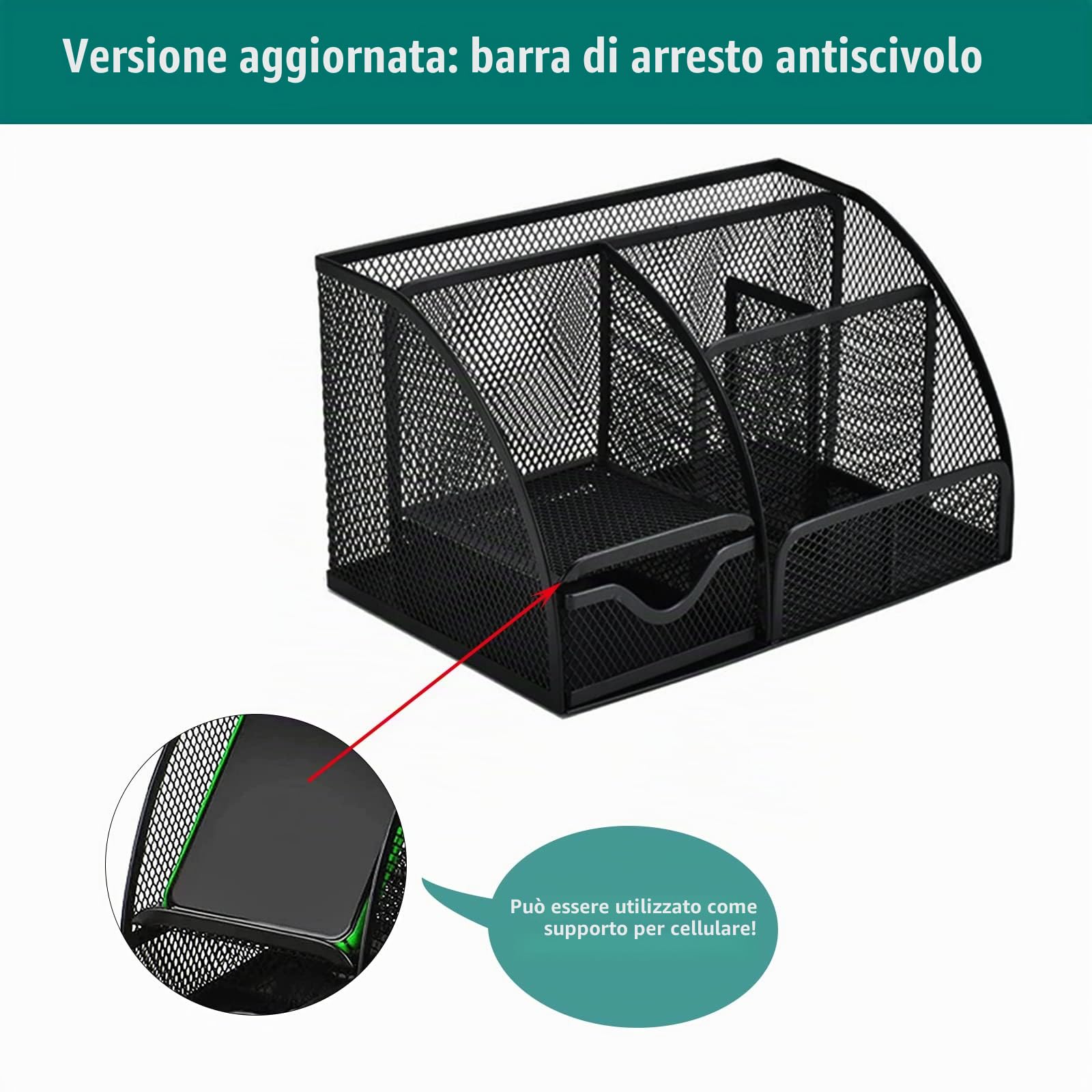 Organizer Scrivania, Portapenne da Scrivania, Portapenne in Rete Metallica Accessori Scrivania, Multifunzione Porta Penne Portaoggetti Scrivania con Cassett, per Uffici, Scuola e Casa (Nero)